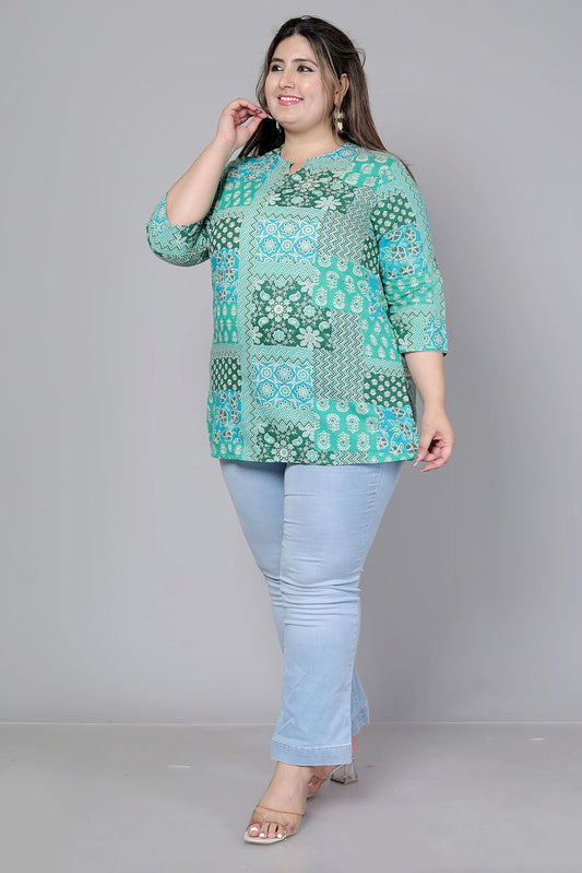 FLORAL GEOMETRIC PRINT COTTON TOP IN AQUA GREEN COLOUR BY PLUSSIZEKURTI