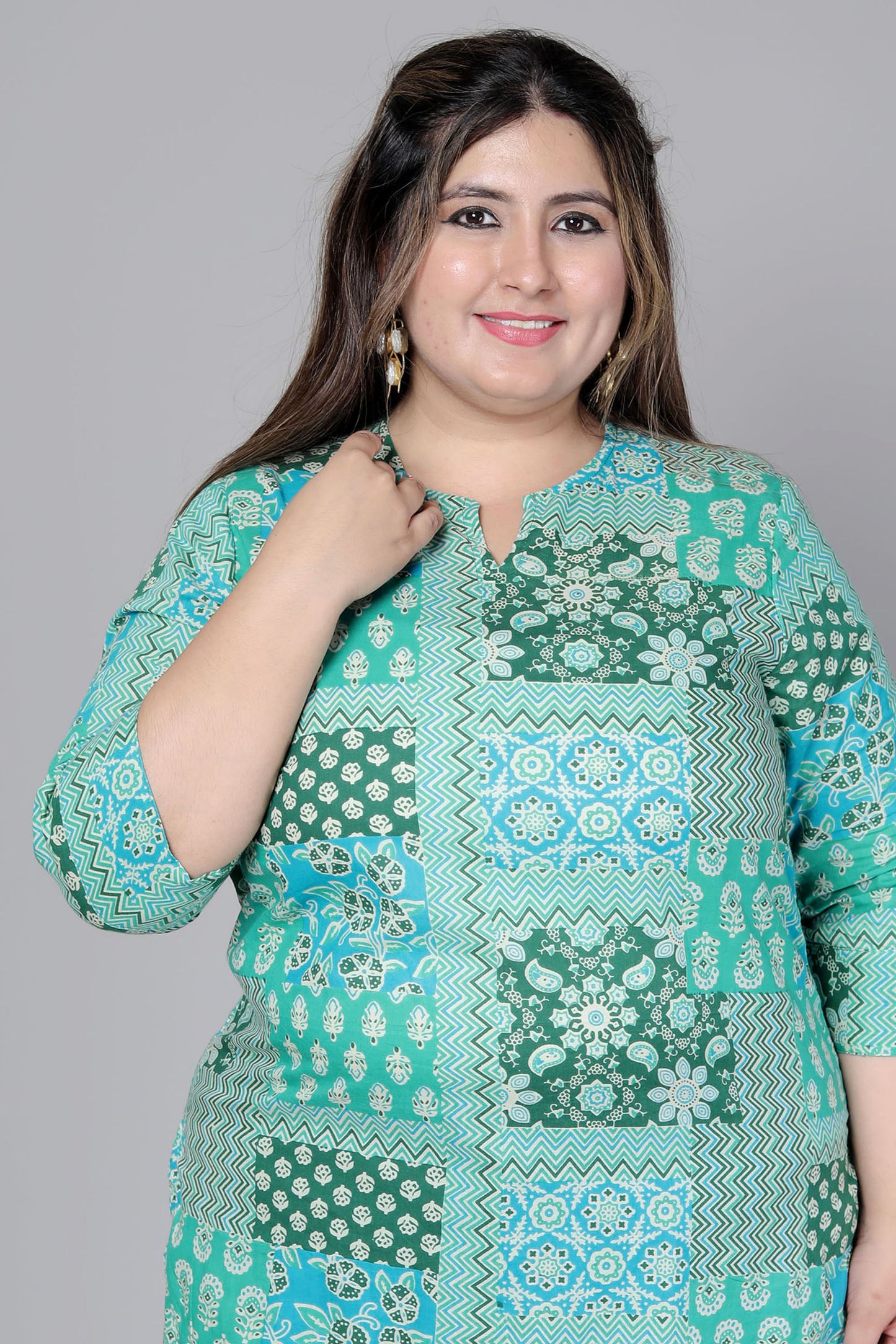 FLORAL GEOMETRIC PRINT COTTON TOP IN AQUA GREEN COLOUR BY PLUSSIZEKURTI