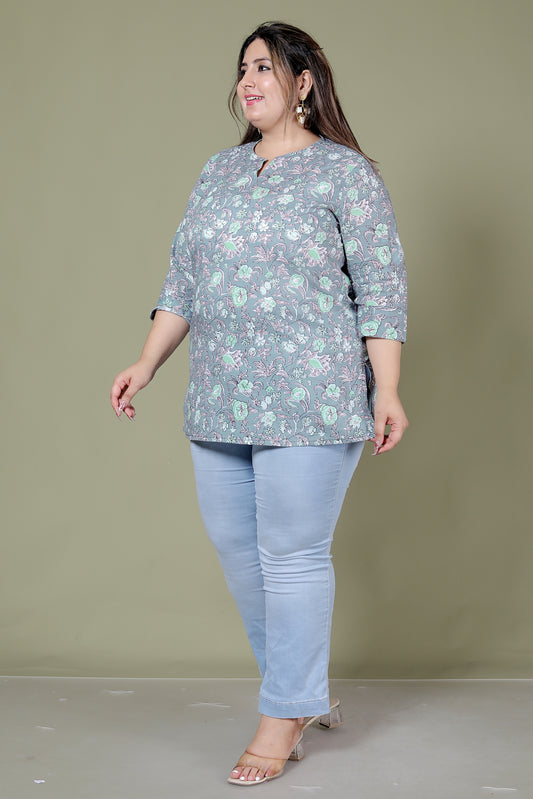 FLORAL GARDEN PRINT COTTON TOP IN PASTEL GREY COLOUR BY PLUSSIZEKURTI