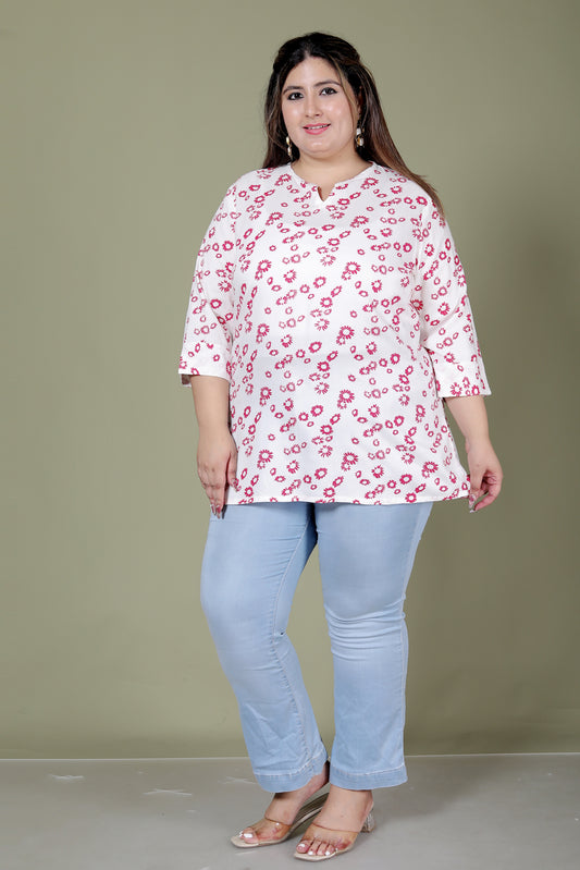 FLORAL PRINT COTTON TOP IN WHITE/PINK COLOUR BY PLUSSIZEKURTI