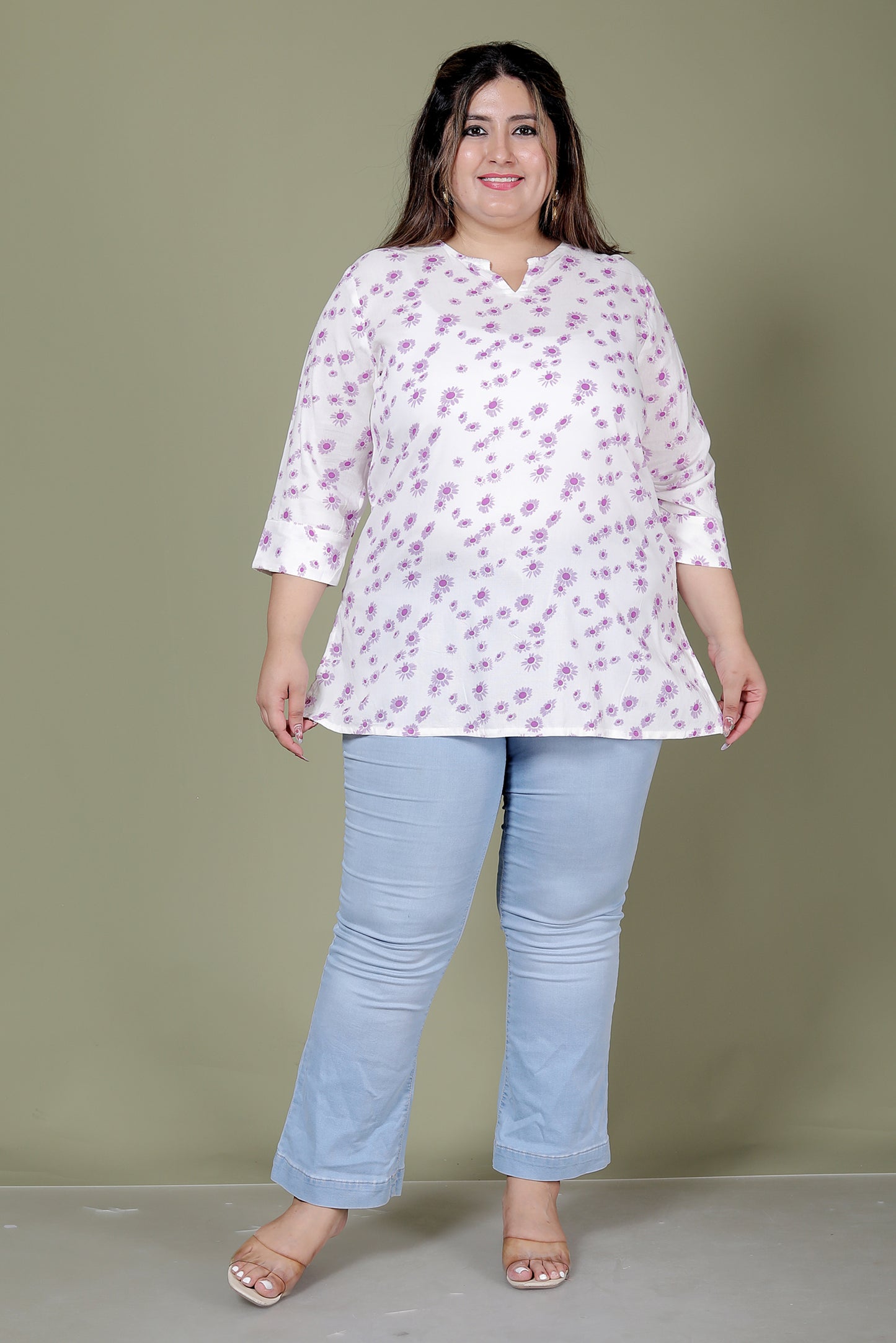FLORAL PRINT COTTON TOP IN WHITE/LAVENDER COLOUR BY PLUSSIZEKURTI