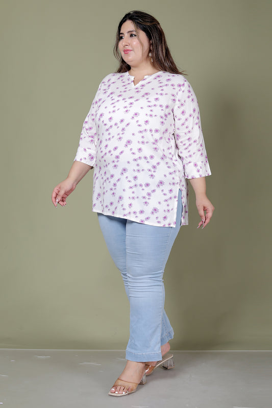 FLORAL PRINT COTTON TOP IN WHITE/LAVENDER COLOUR BY PLUSSIZEKURTI