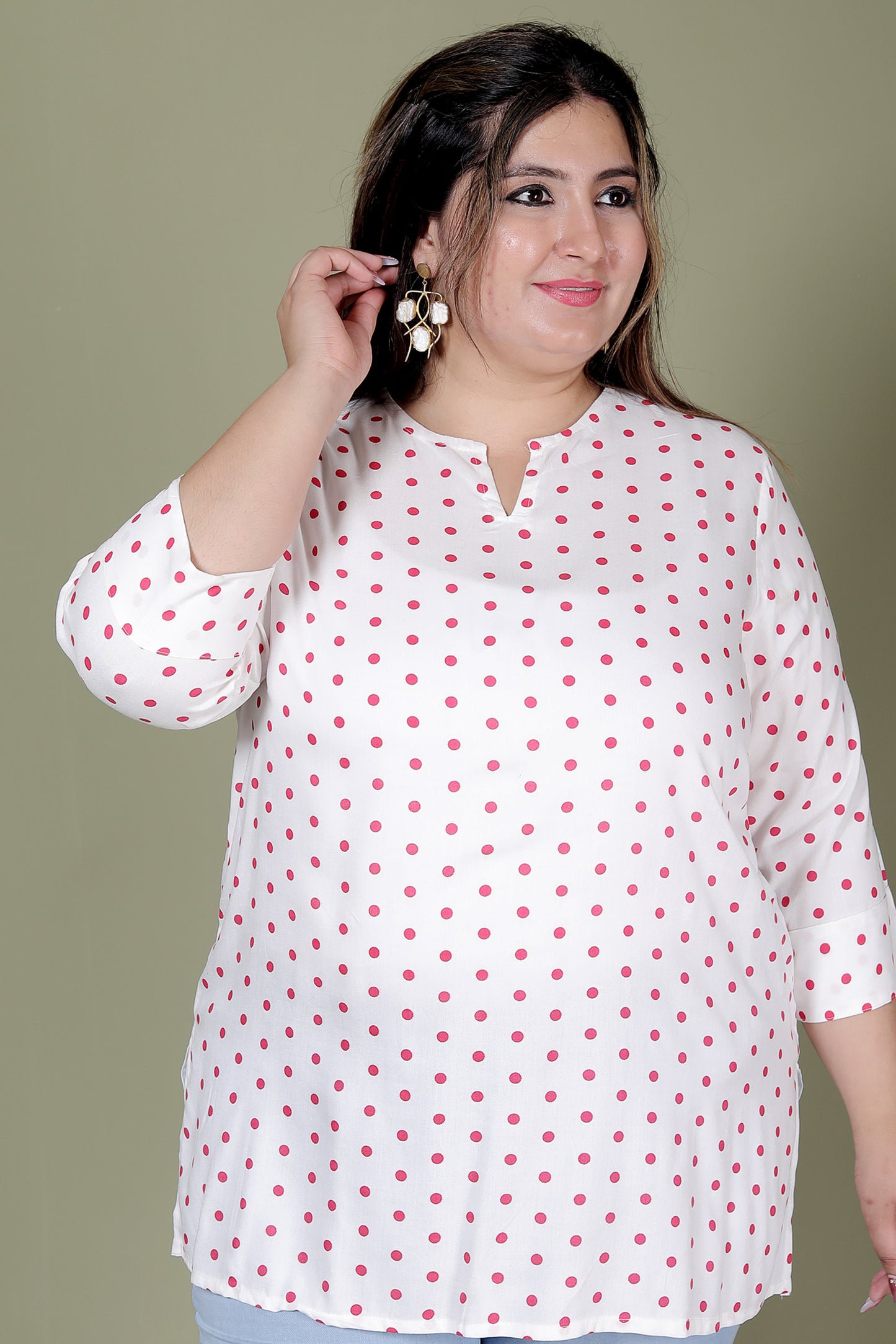POLKA DOT PRINT COTTON TOP IN WHITE/PINK COLOUR BY PLUSSIZEKURTI