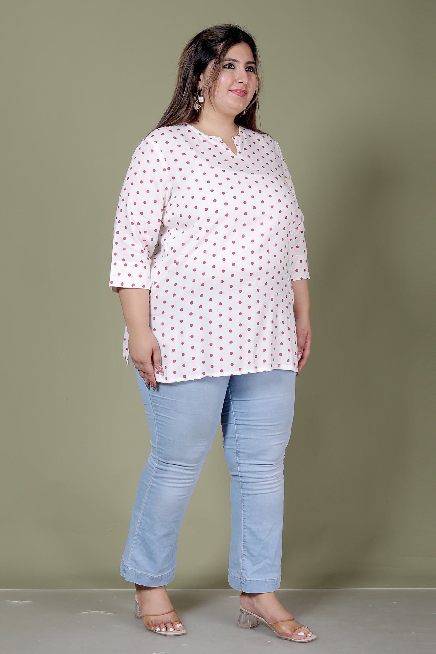 POLKA DOT PRINT COTTON TOP IN WHITE/PINK COLOUR BY PLUSSIZEKURTI