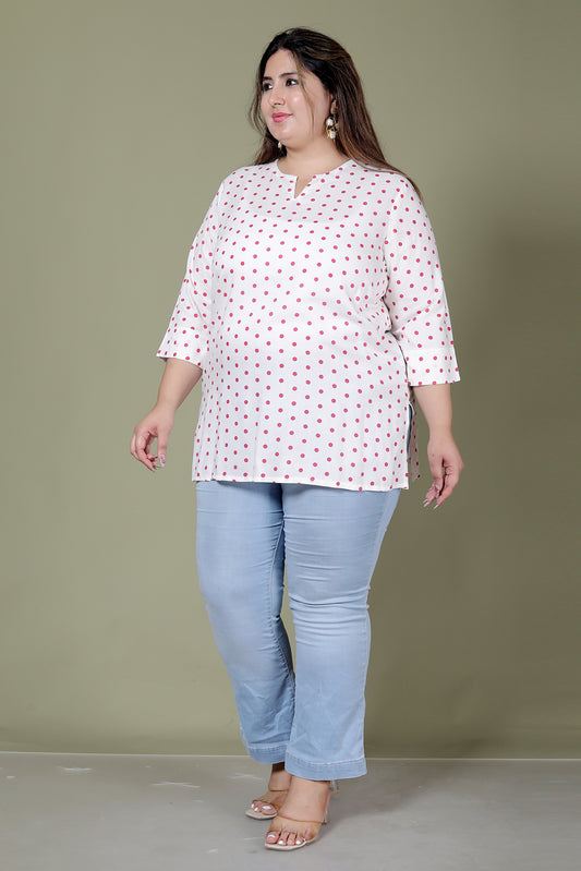 POLKA DOT PRINT COTTON TOP IN WHITE/PINK COLOUR BY PLUSSIZEKURTI