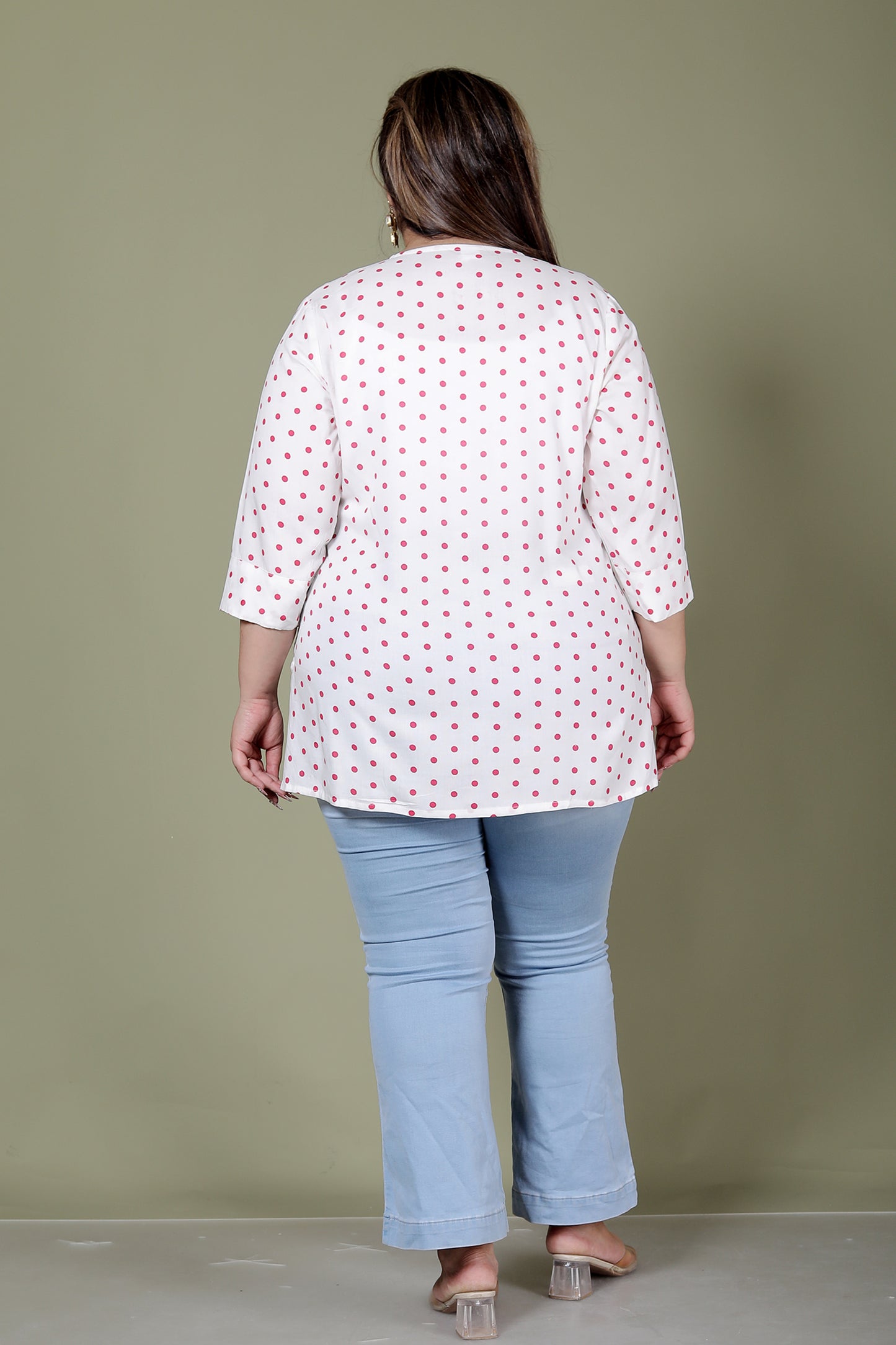 POLKA DOT PRINT COTTON TOP IN WHITE/PINK COLOUR BY PLUSSIZEKURTI