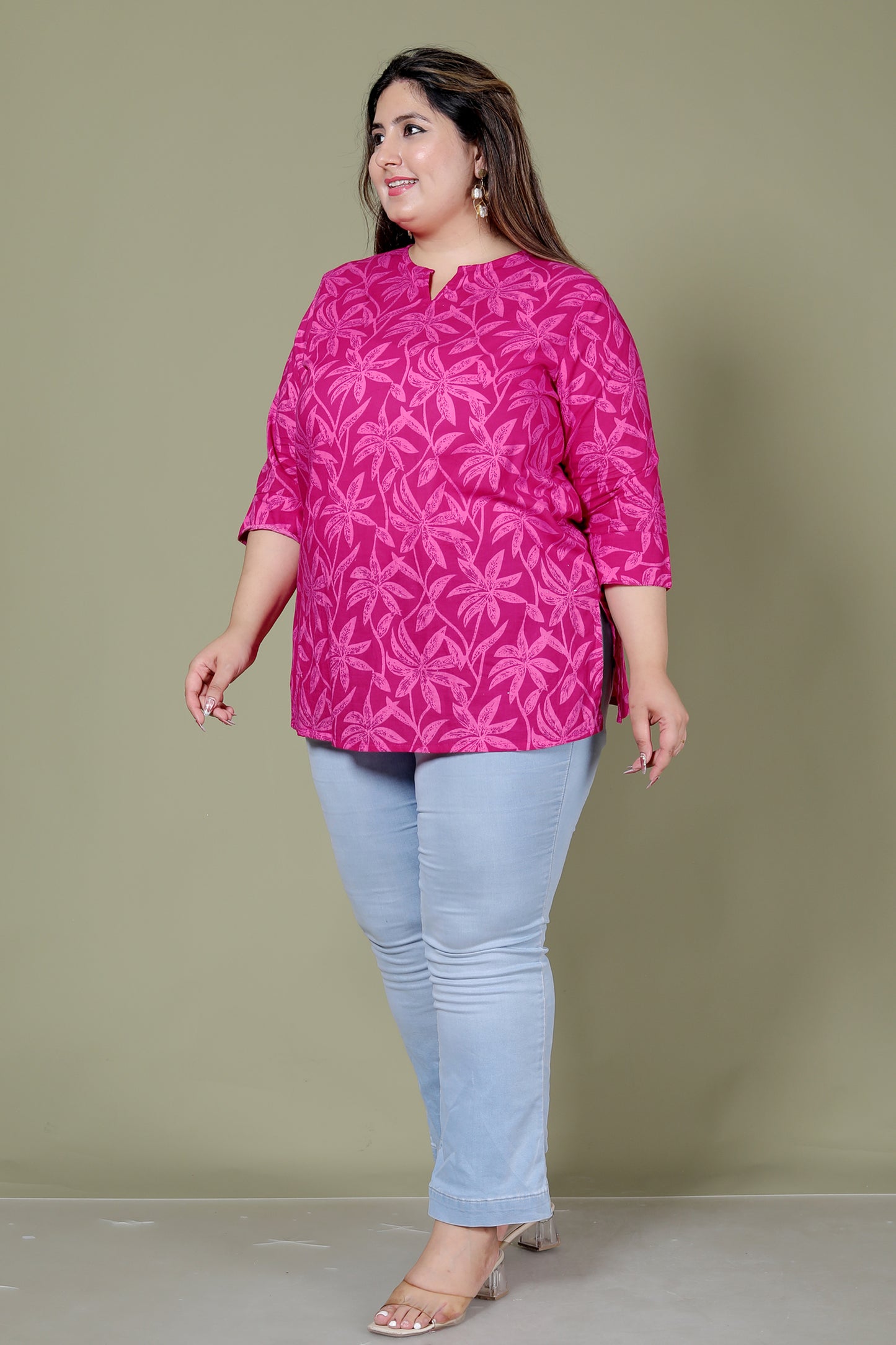 FLOWER PRINT COTTON TOP IN FUCHSIA PINK COLOUR BY PLUSSIZEKURTI