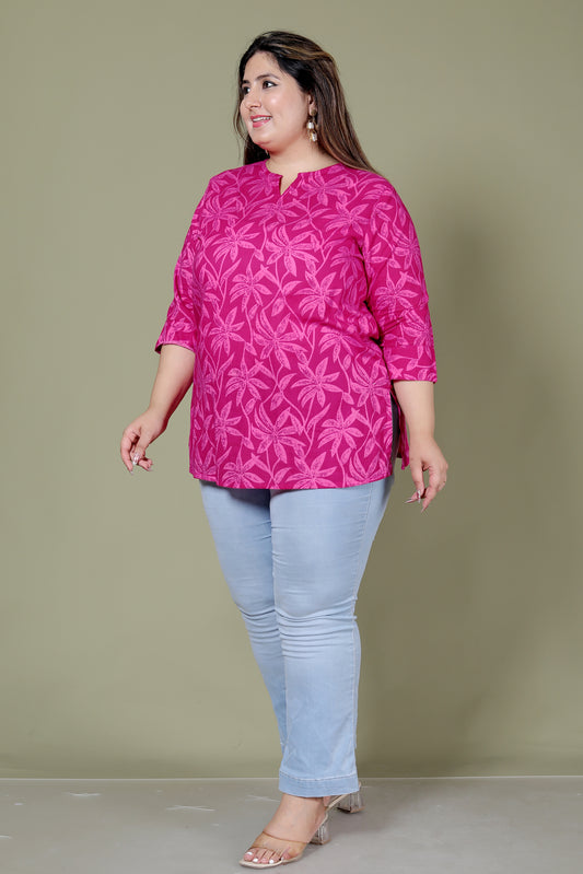 FLOWER PRINT COTTON TOP IN FUCHSIA PINK COLOUR BY PLUSSIZEKURTI
