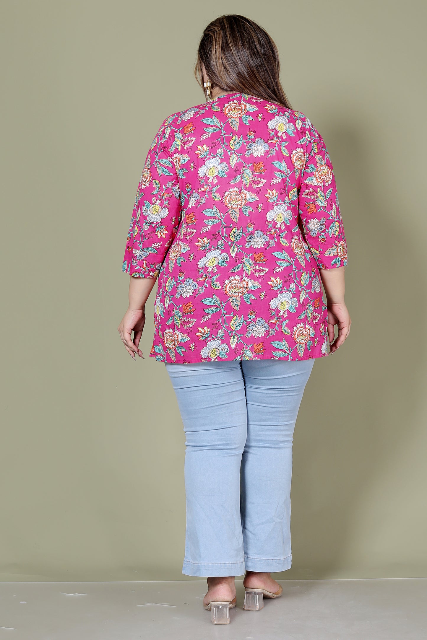 FLORAL PRINT COTTON TOP IN RANIPINK COLOUR BY PLUSSIZEKURTI