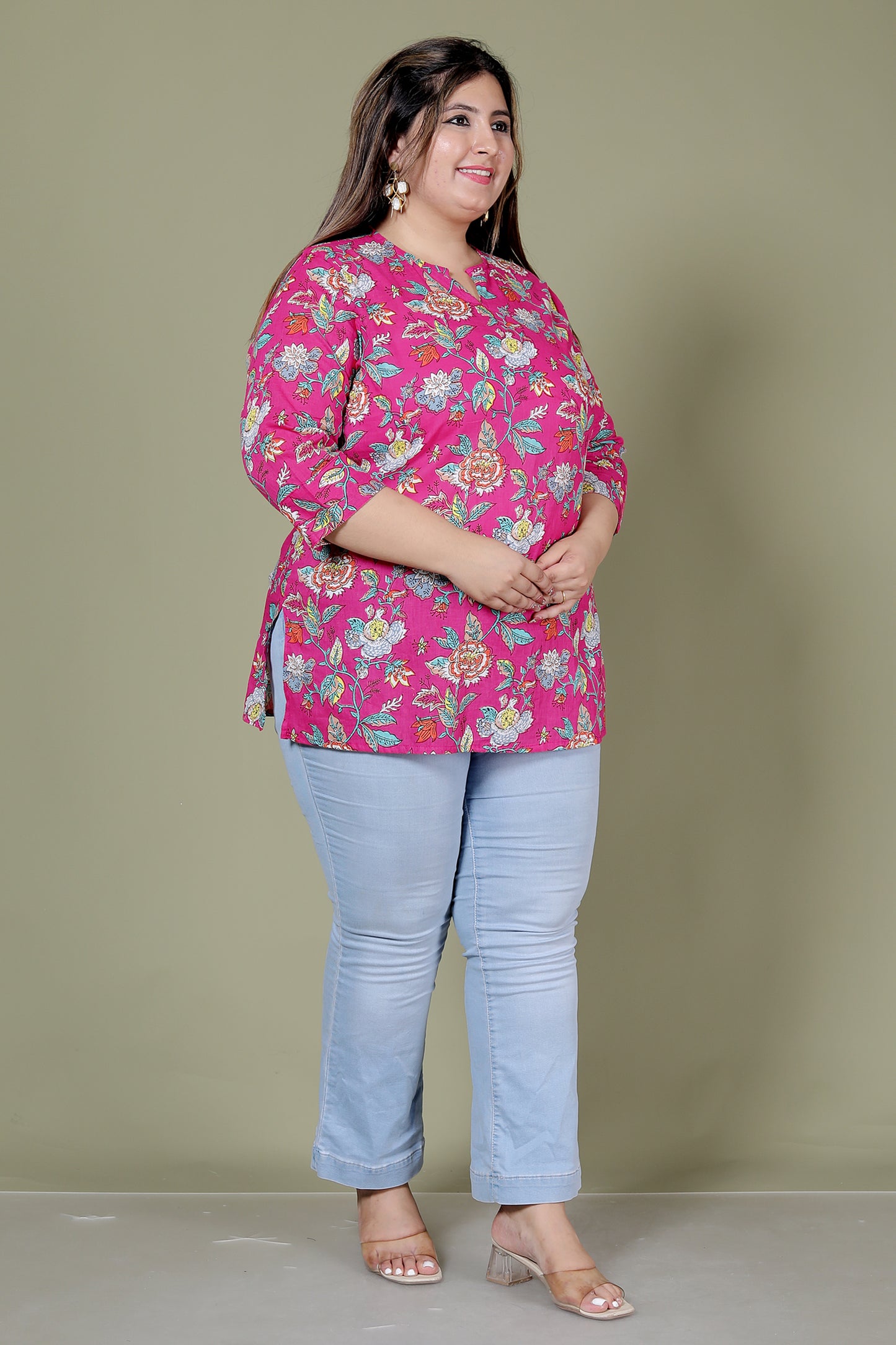 FLORAL PRINT COTTON TOP IN RANIPINK COLOUR BY PLUSSIZEKURTI