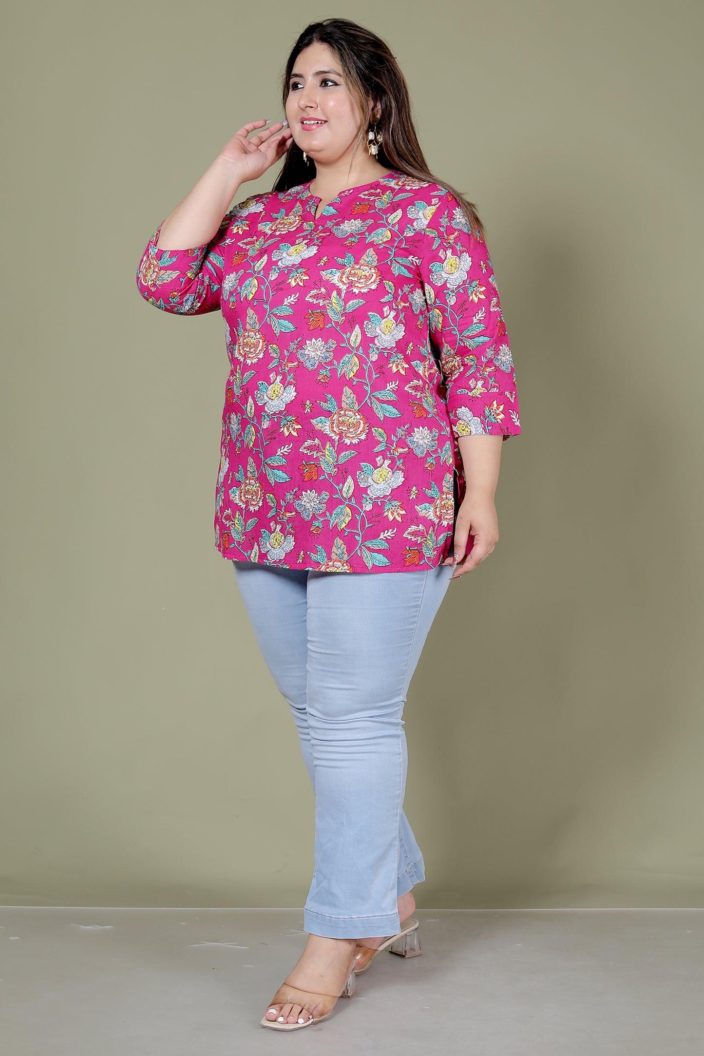 FLORAL PRINT COTTON TOP IN RANIPINK COLOUR BY PLUSSIZEKURTI