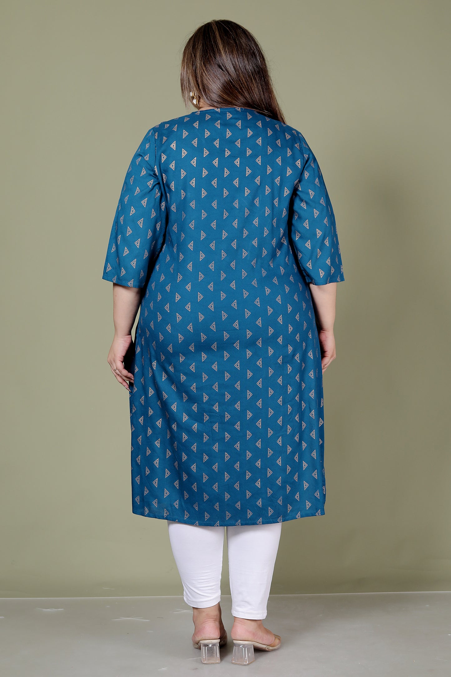 TRIANGULAR GEOMETRIC PRINT COTTON KURTI IN TEALBLUE BY PLUSSIZEKURTI