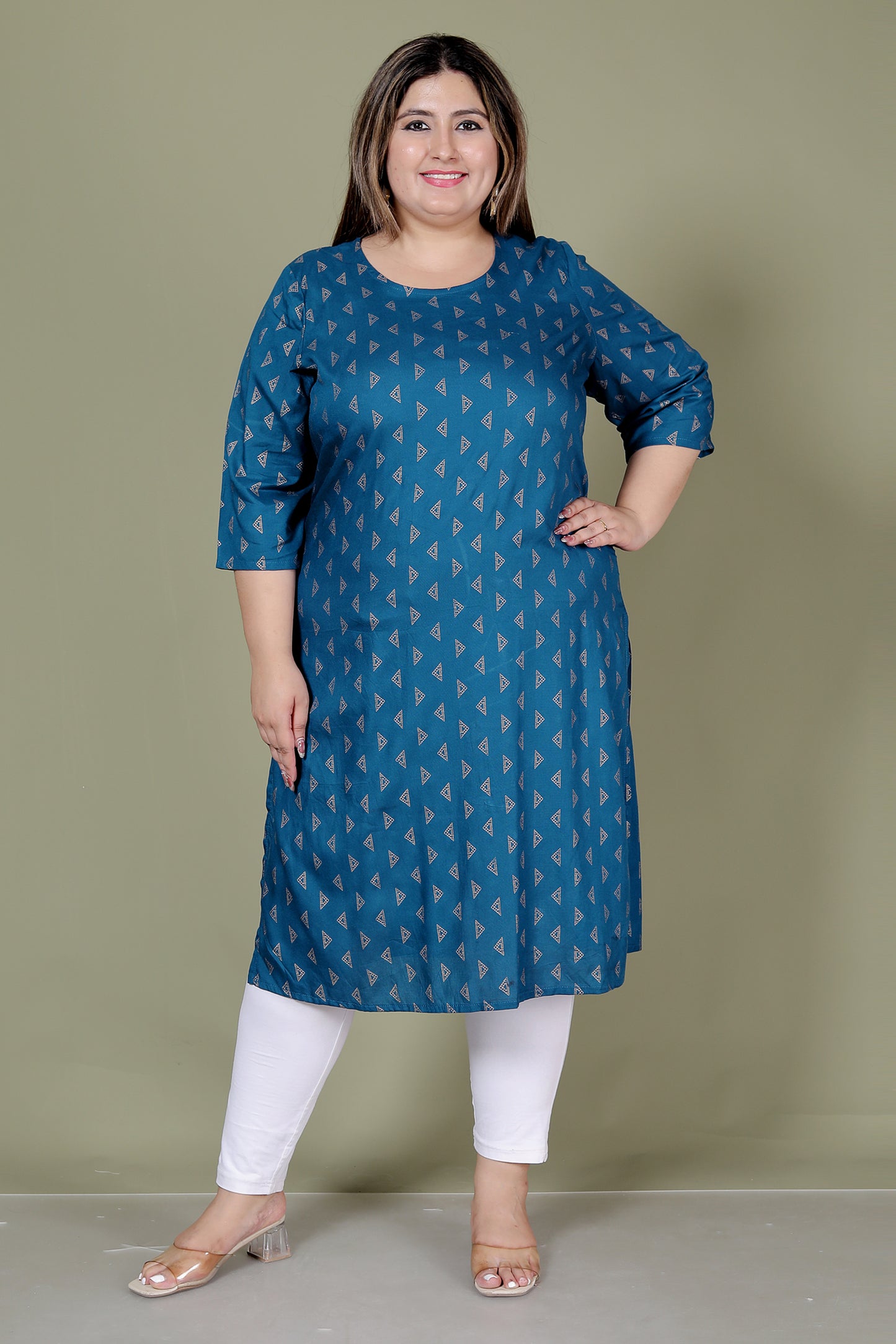 TRIANGULAR GEOMETRIC PRINT COTTON KURTI IN TEALBLUE BY PLUSSIZEKURTI