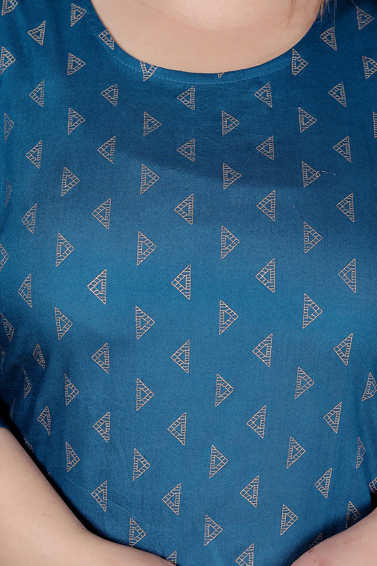 TRIANGULAR GEOMETRIC PRINT COTTON KURTI IN TEALBLUE BY PLUSSIZEKURTI