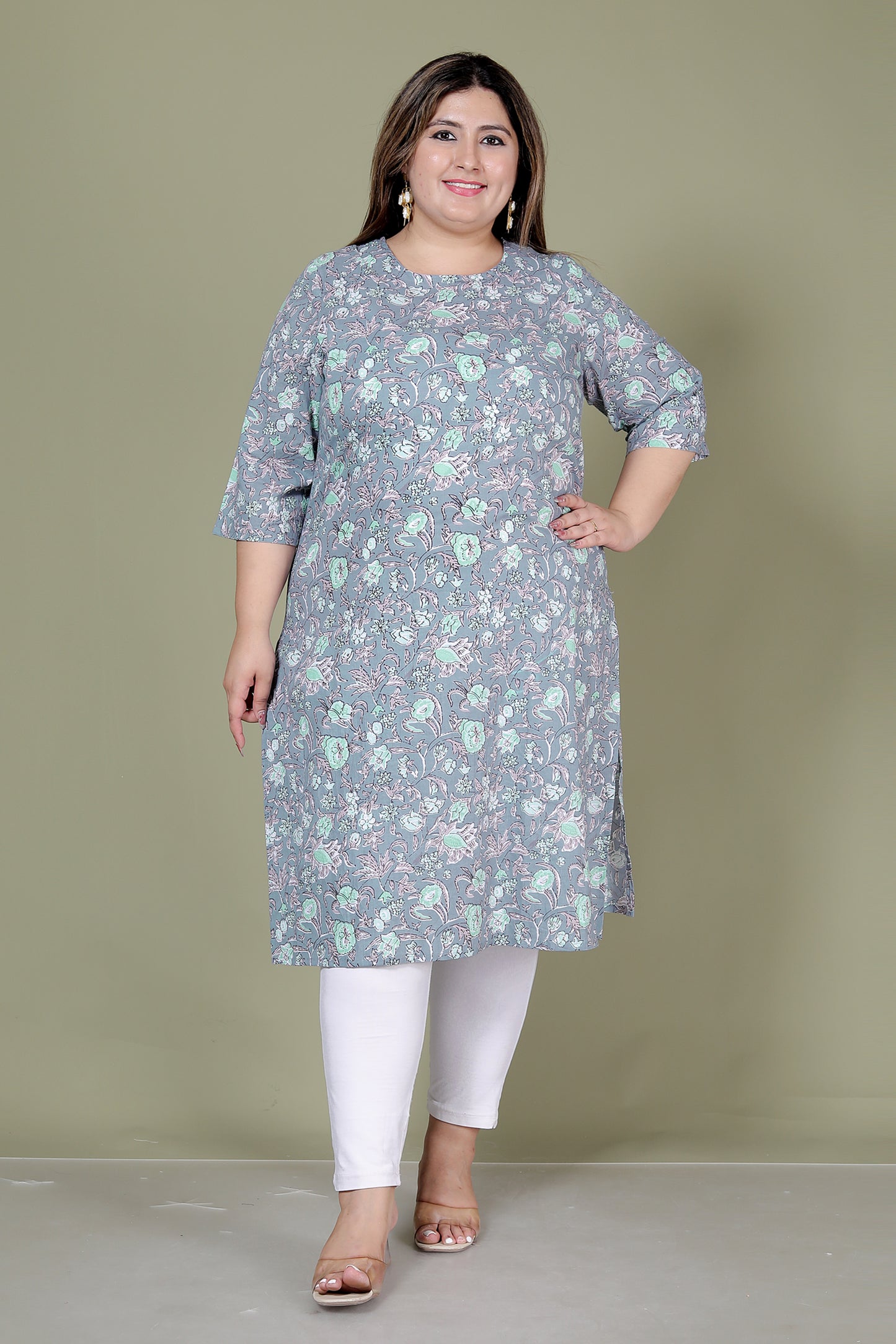 FLORAL GARDEN PRINT COTTON KURTI IN PASTEL GREY BY PLUSSIZEKURTI