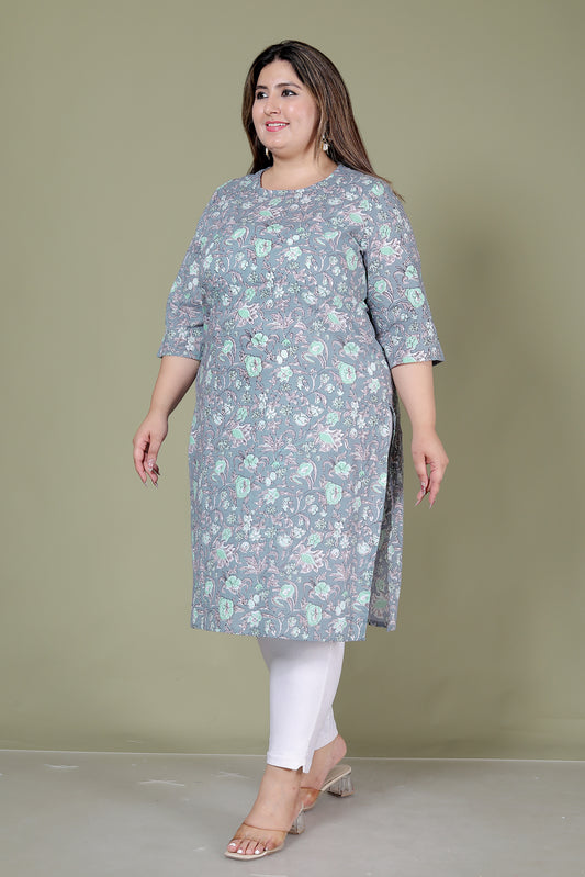 FLORAL GARDEN PRINT COTTON KURTI IN PASTEL GREY BY PLUSSIZEKURTI