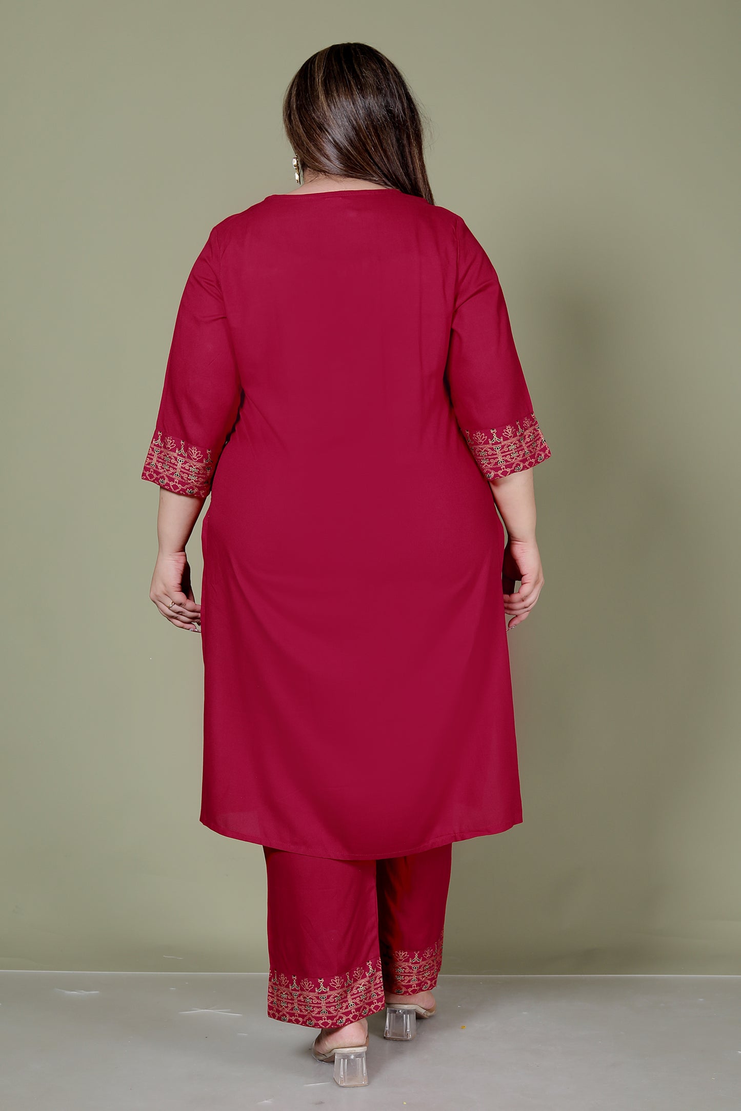 SOLID FOIL PRINT COTTON 3 PEICE KURTA PANT IN MAHROON BY PLUSSIZEKURTI