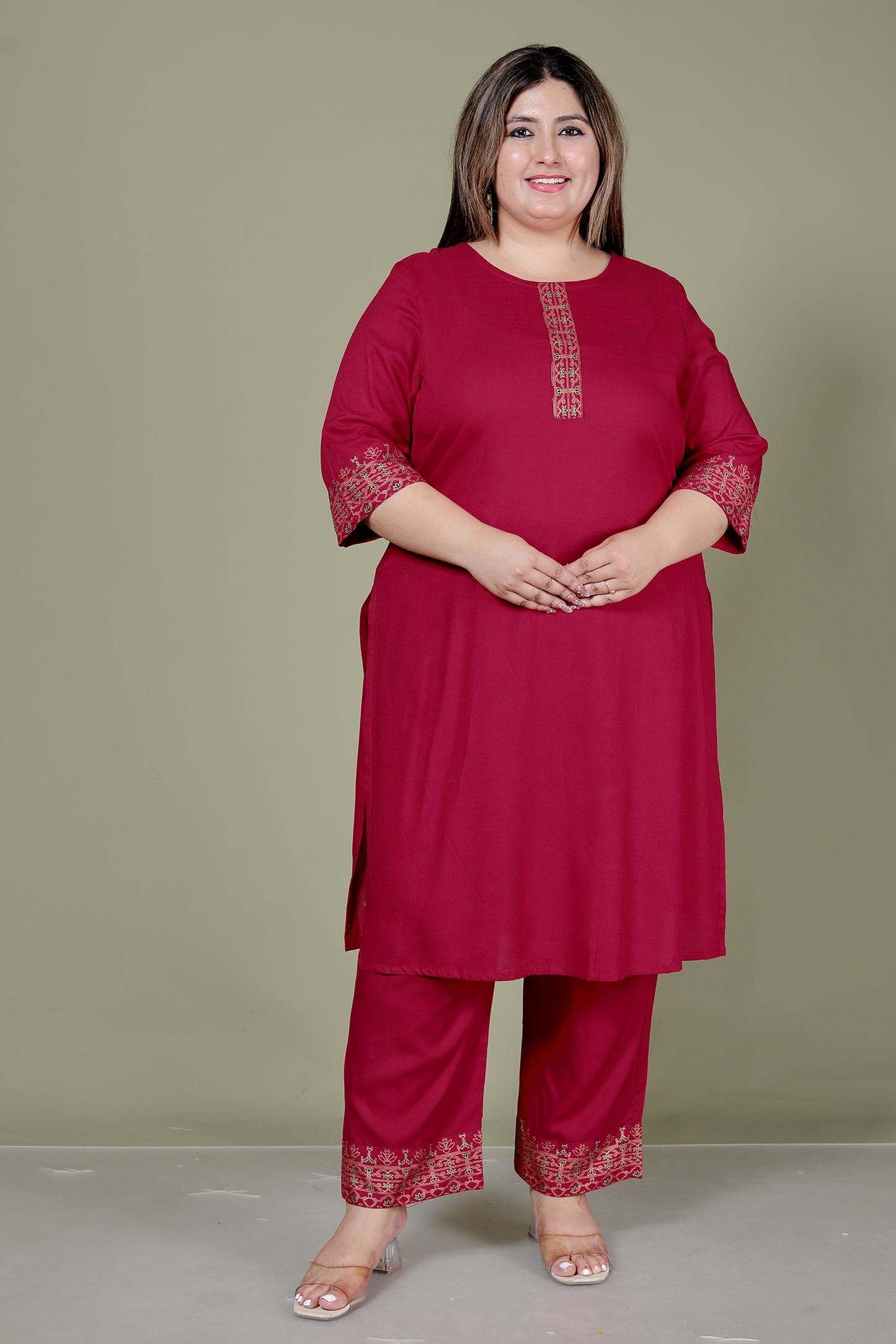 SOLID FOIL PRINT COTTON 3 PEICE KURTA PANT IN MAHROON BY PLUSSIZEKURTI