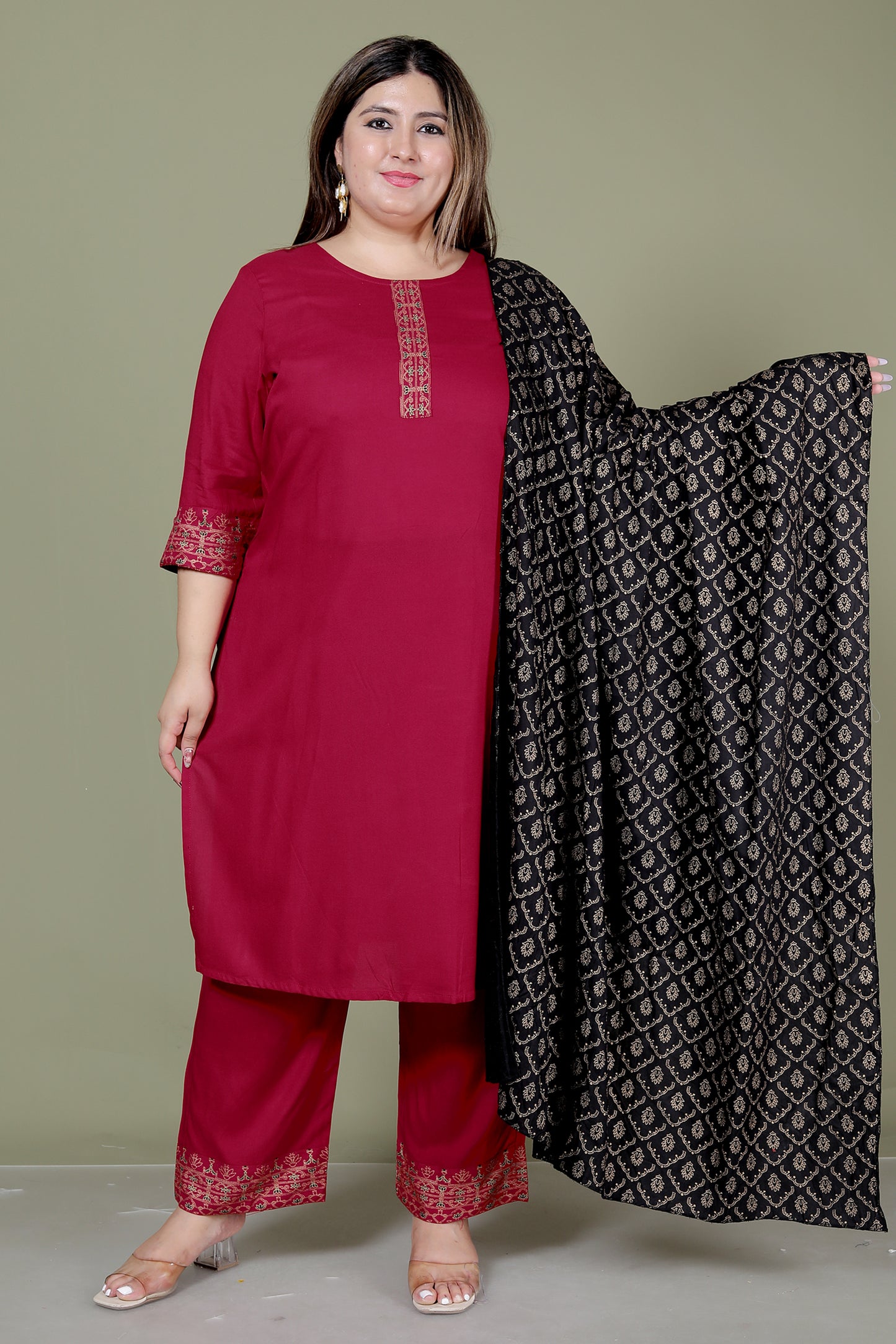 SOLID FOIL PRINT COTTON 3 PEICE KURTA PANT IN MAHROON BY PLUSSIZEKURTI