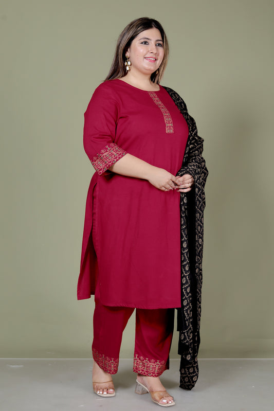 SOLID FOIL PRINT COTTON 3 PEICE KURTA PANT IN MAHROON BY PLUSSIZEKURTI
