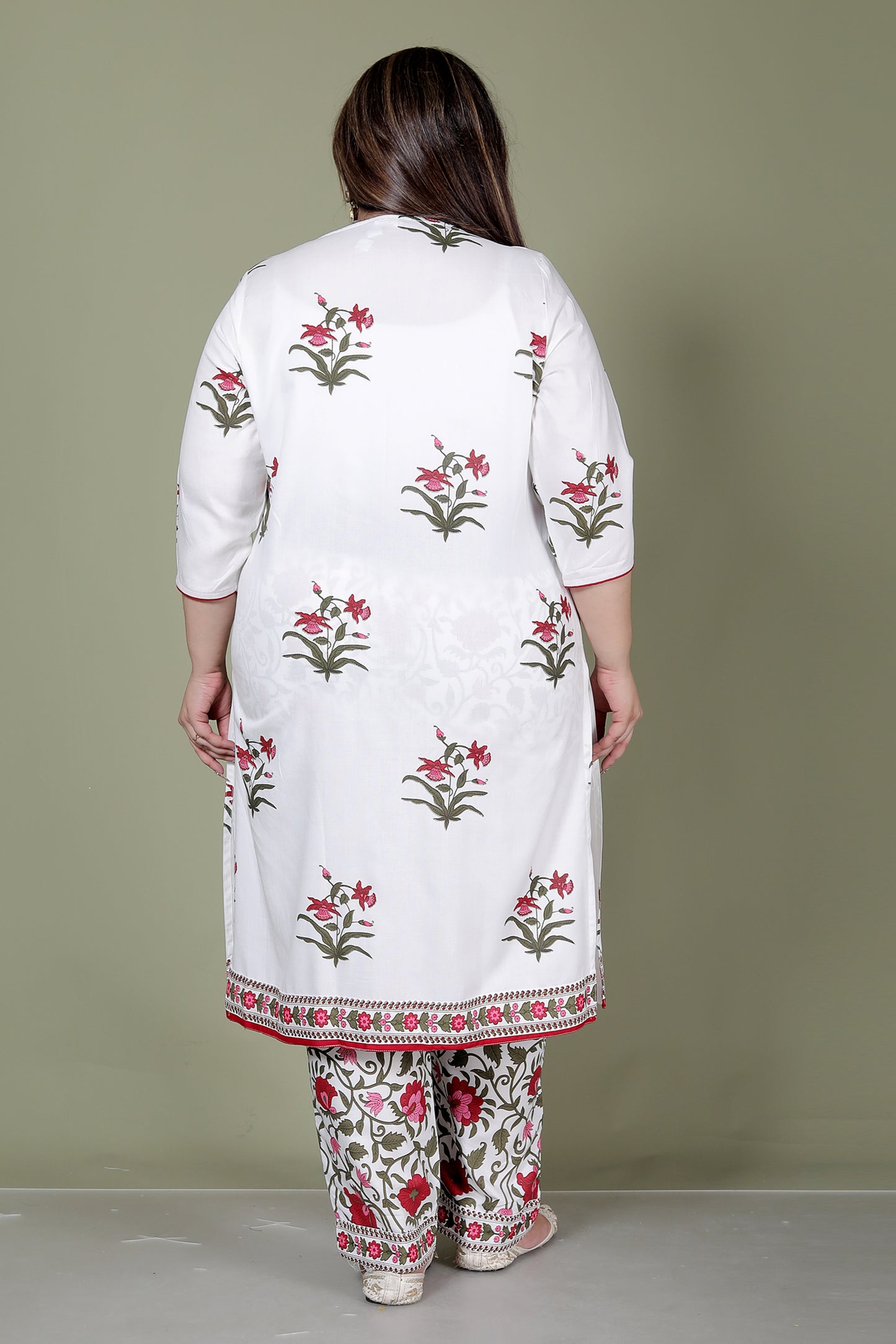 MUGHAL PRINT COTTON 3 PEICE KURTI PANT SET IN WHITE/RED BY PLUSSIZEKURTI