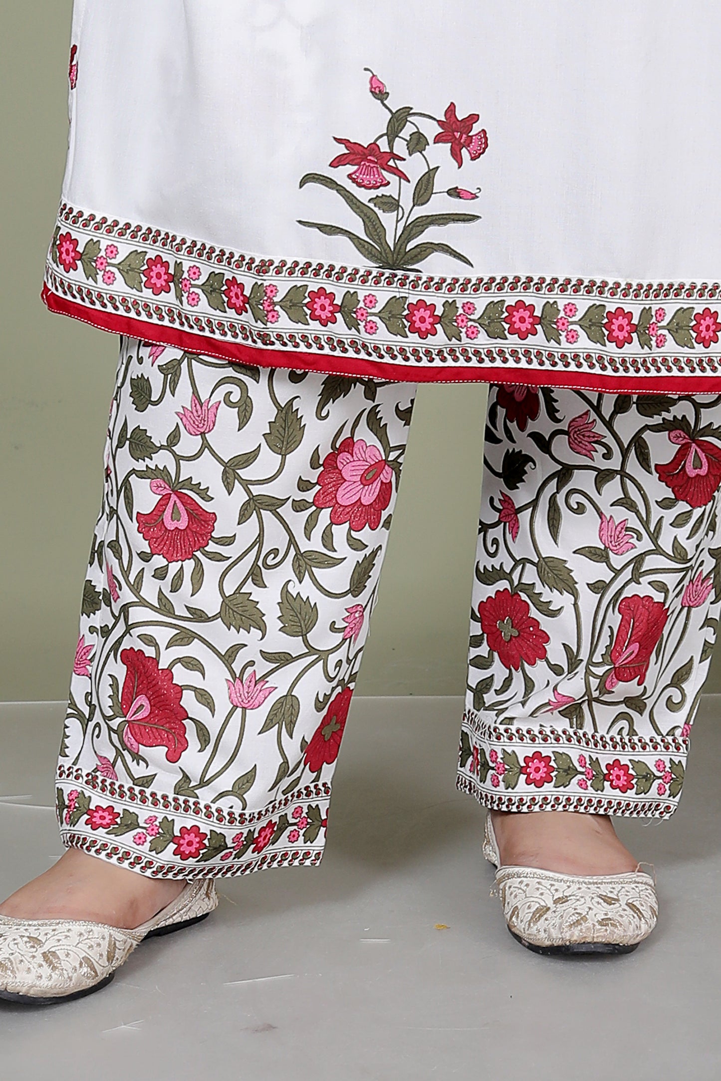 MUGHAL PRINT COTTON 3 PEICE KURTI PANT SET IN WHITE/RED BY PLUSSIZEKURTI