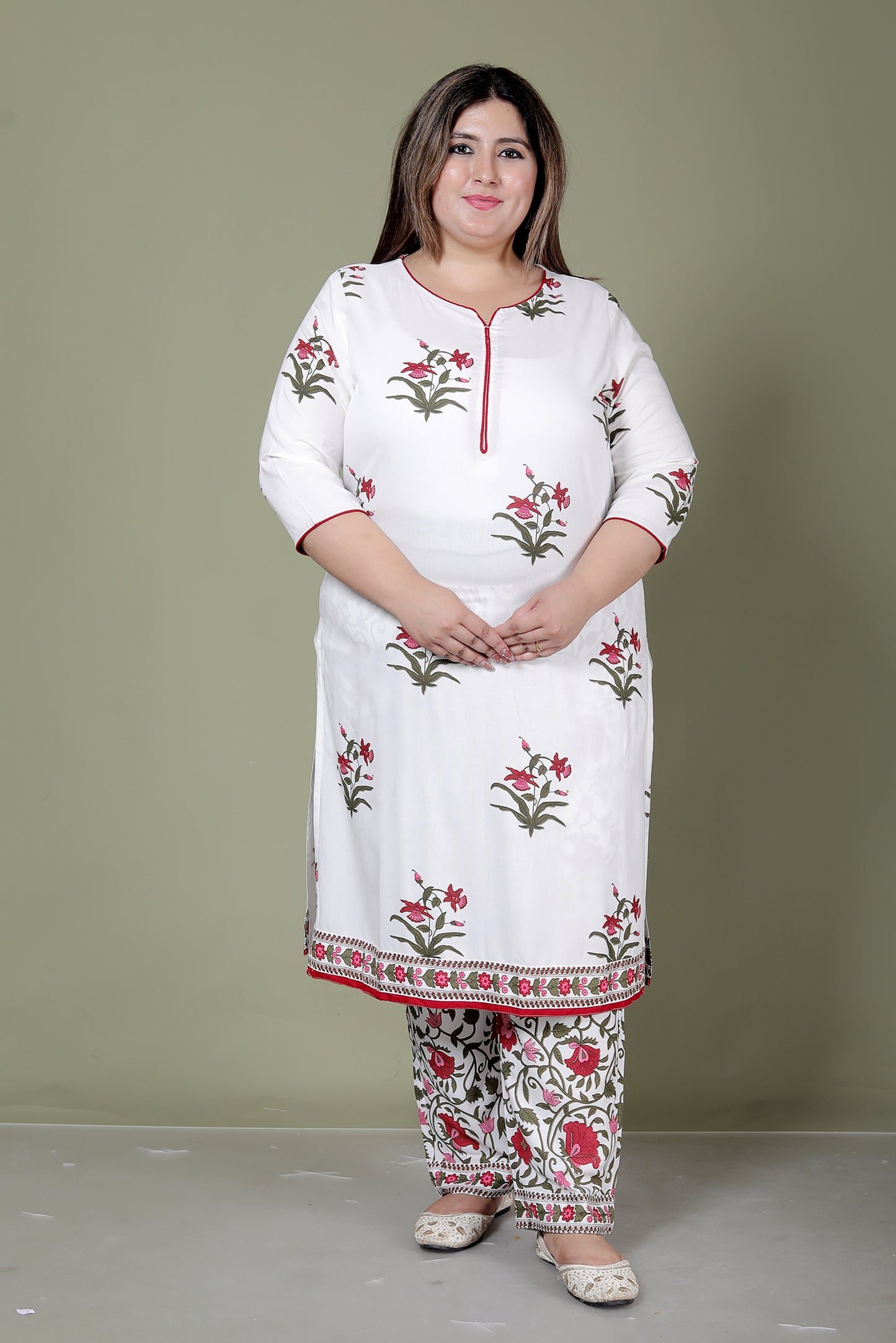 MUGHAL PRINT COTTON 3 PEICE KURTI PANT SET IN WHITE/RED BY PLUSSIZEKURTI