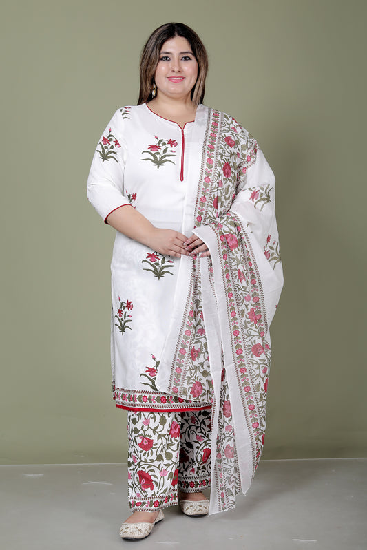 MUGHAL PRINT COTTON 3 PEICE KURTI PANT SET IN WHITE/RED BY PLUSSIZEKURTI