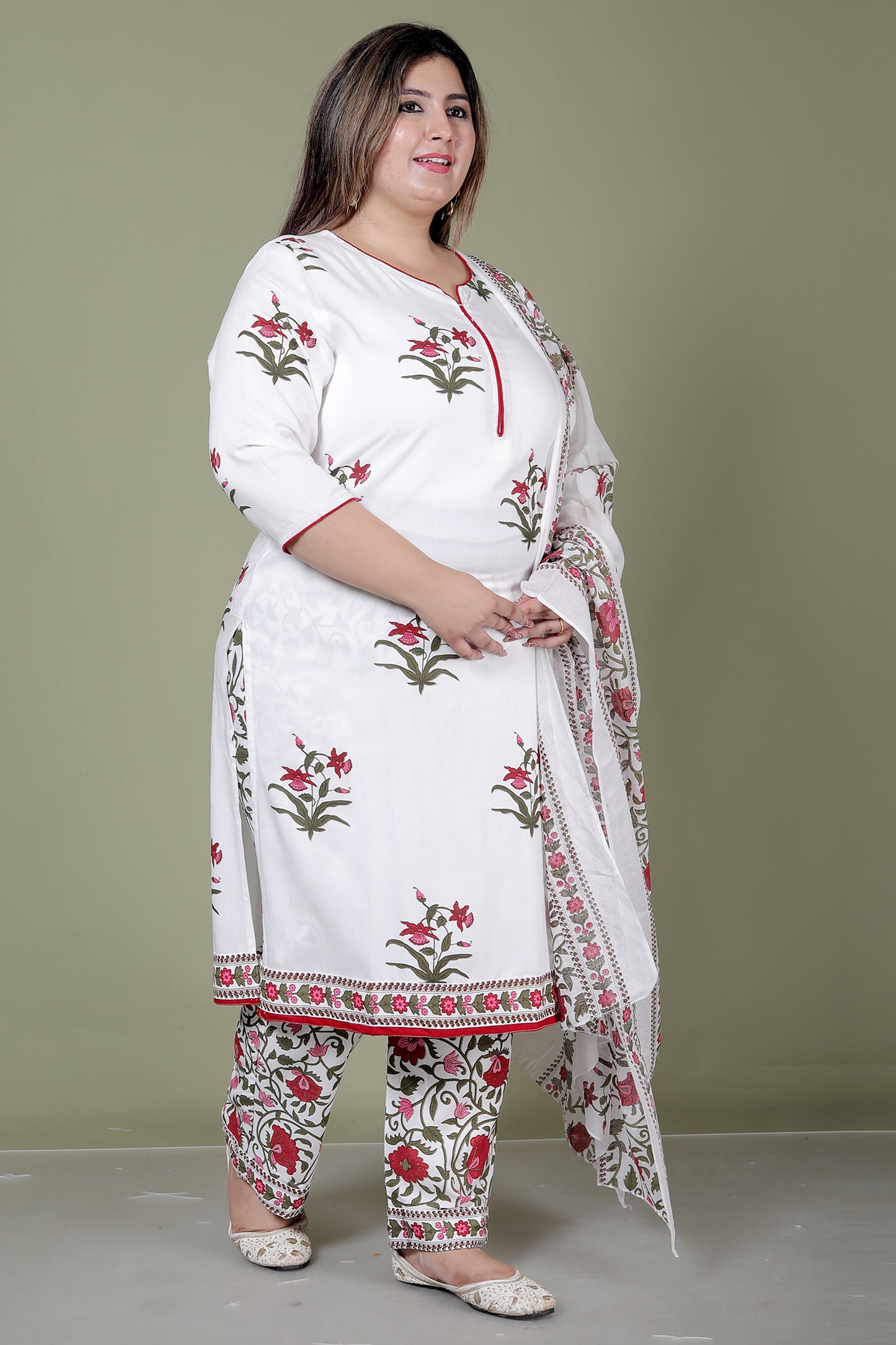 MUGHAL PRINT COTTON 3 PEICE KURTI PANT SET IN WHITE/RED BY PLUSSIZEKURTI