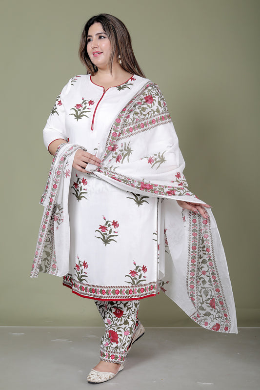 MUGHAL PRINT COTTON 3 PEICE KURTI PANT SET IN WHITE/RED BY PLUSSIZEKURTI