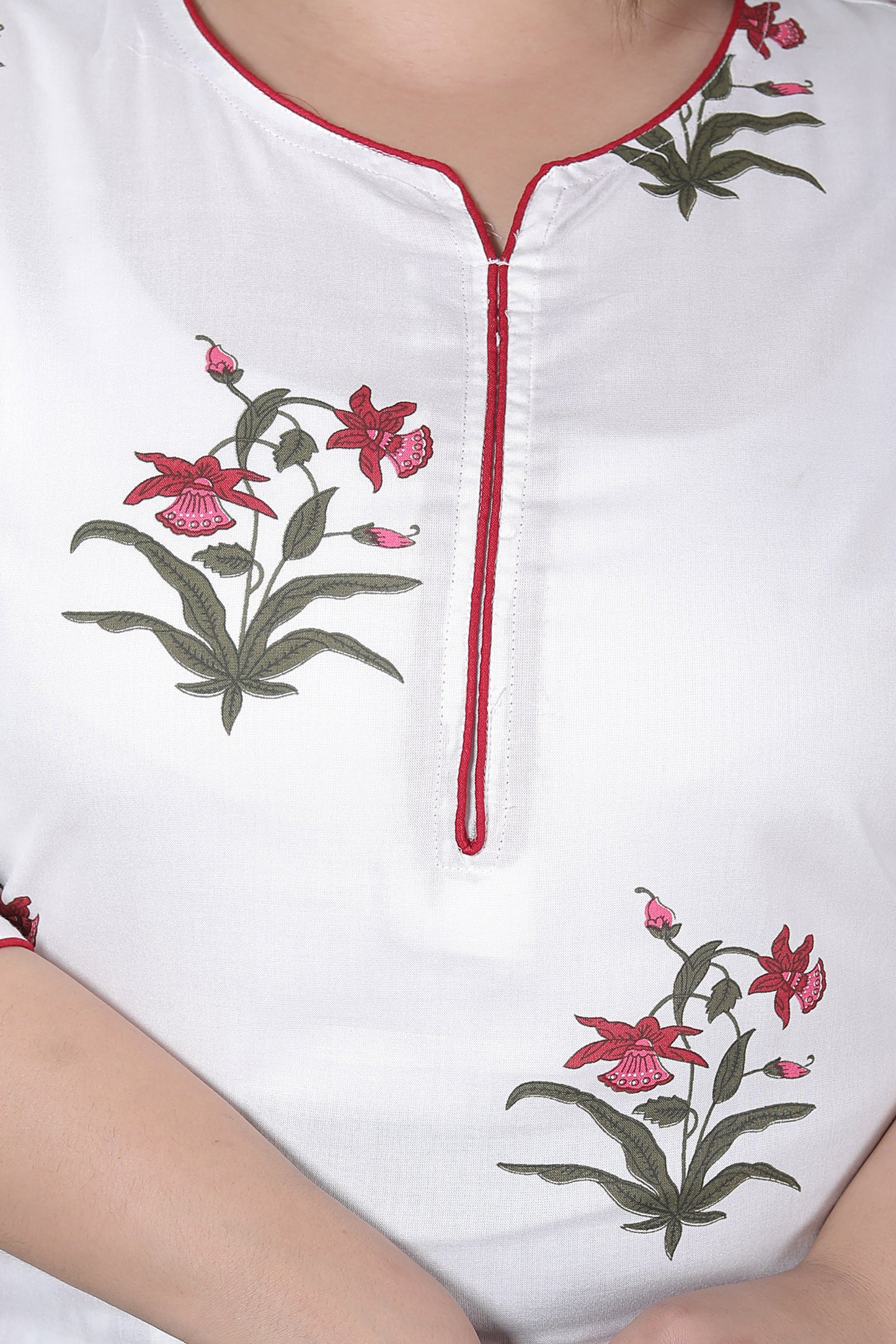 MUGHAL PRINT COTTON 3 PEICE KURTI PANT SET IN WHITE/RED BY PLUSSIZEKURTI