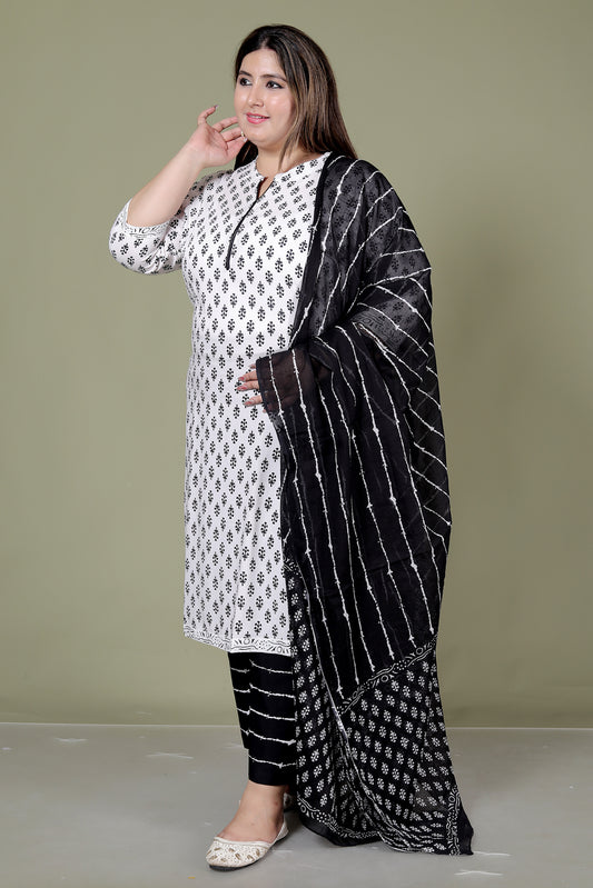 HANDBLOCK MOTIF PRINT COTTON 3 PEICE KURTI PLAZZO SET IN WHITE/BLACK BY PLUSSIZEKURTI
