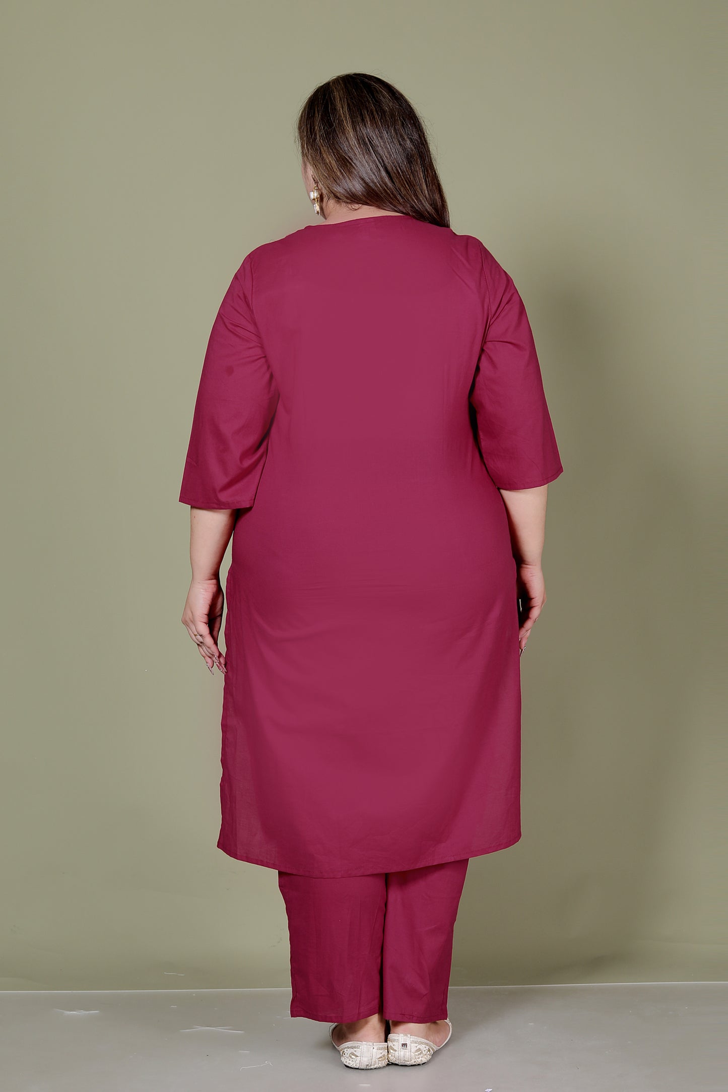 TRIBEL GEOMETRIC SOLID COTTON 3 PEICE KURTI PANT SET IN WINEPINK BY PLUSSIZEKURTI