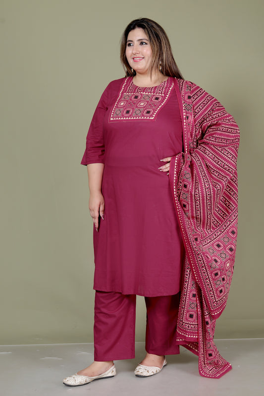 TRIBEL GEOMETRIC SOLID COTTON 3 PEICE KURTI PANT SET IN WINEPINK BY PLUSSIZEKURTI