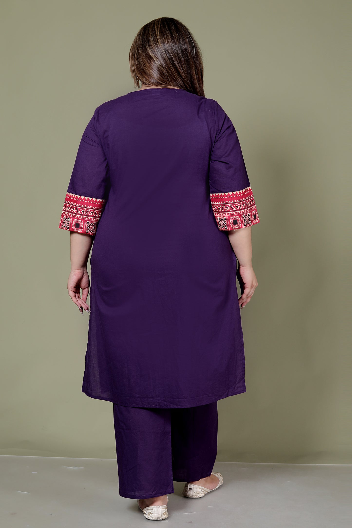 TRIBEL GEOMETRIC SOLID COTTON 3 PEICE KURTI PANT SET IN PURPLE BY PLUSSIZEKURTI