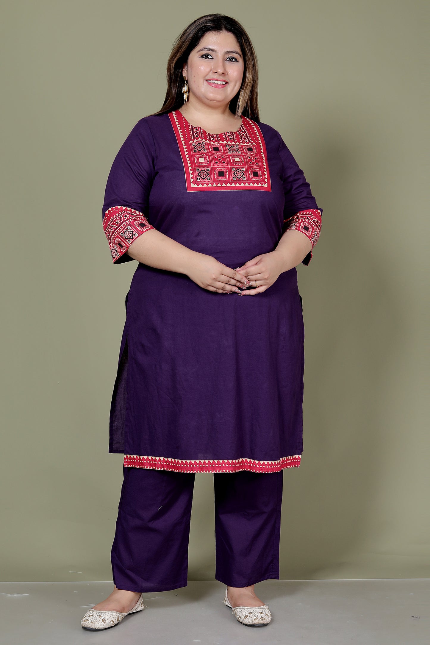 TRIBEL GEOMETRIC SOLID COTTON 3 PEICE KURTI PANT SET IN PURPLE BY PLUSSIZEKURTI