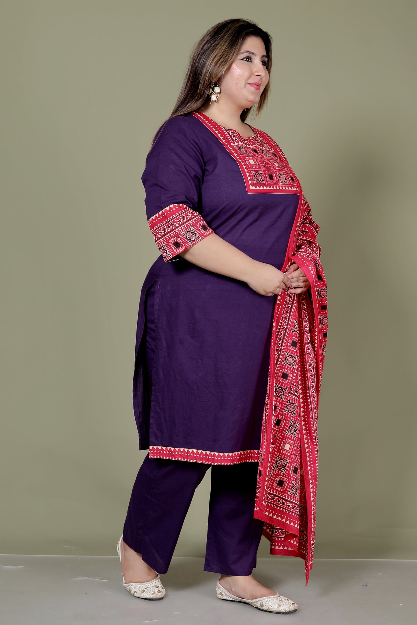 TRIBEL GEOMETRIC SOLID COTTON 3 PEICE KURTI PANT SET IN PURPLE BY PLUSSIZEKURTI