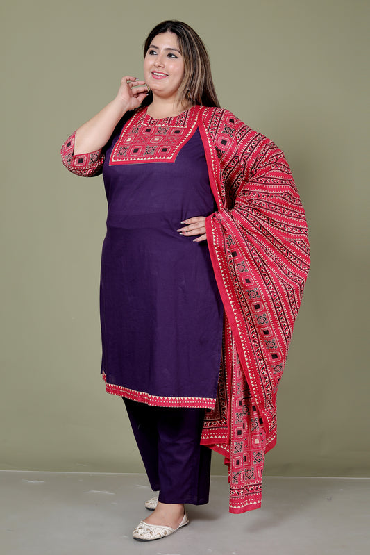 TRIBEL GEOMETRIC SOLID COTTON 3 PEICE KURTI PANT SET IN PURPLE BY PLUSSIZEKURTI