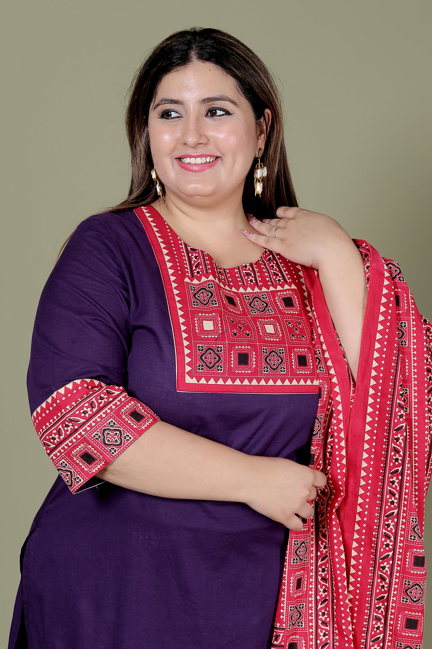 TRIBEL GEOMETRIC SOLID COTTON 3 PEICE KURTI PANT SET IN PURPLE BY PLUSSIZEKURTI