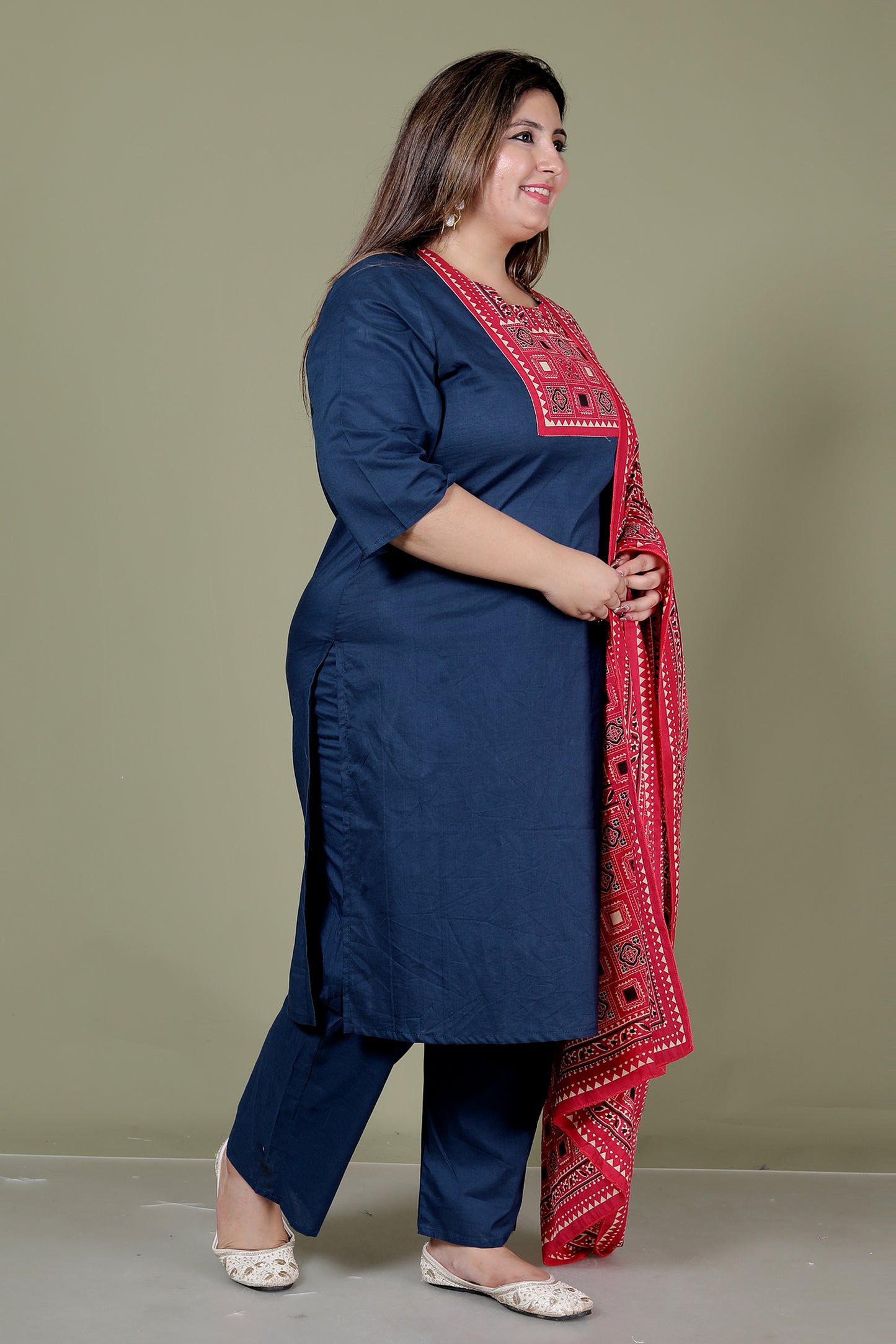 TRIBEL GEOMETRIC SOLID COTTON 3 PEICE KURTI PANT SET IN BLUE BY PLUSSIZEKURTI