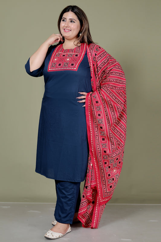 TRIBEL GEOMETRIC SOLID COTTON 3 PEICE KURTI PANT SET IN BLUE BY PLUSSIZEKURTI
