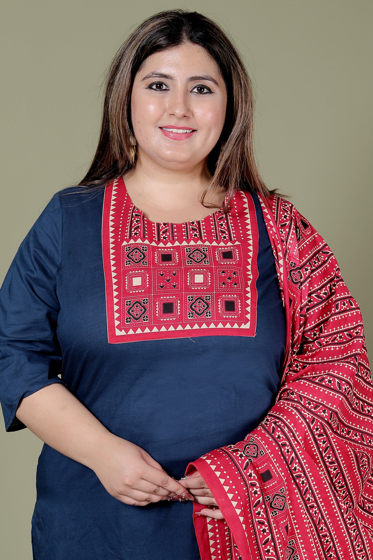TRIBEL GEOMETRIC SOLID COTTON 3 PEICE KURTI PANT SET IN BLUE BY PLUSSIZEKURTI
