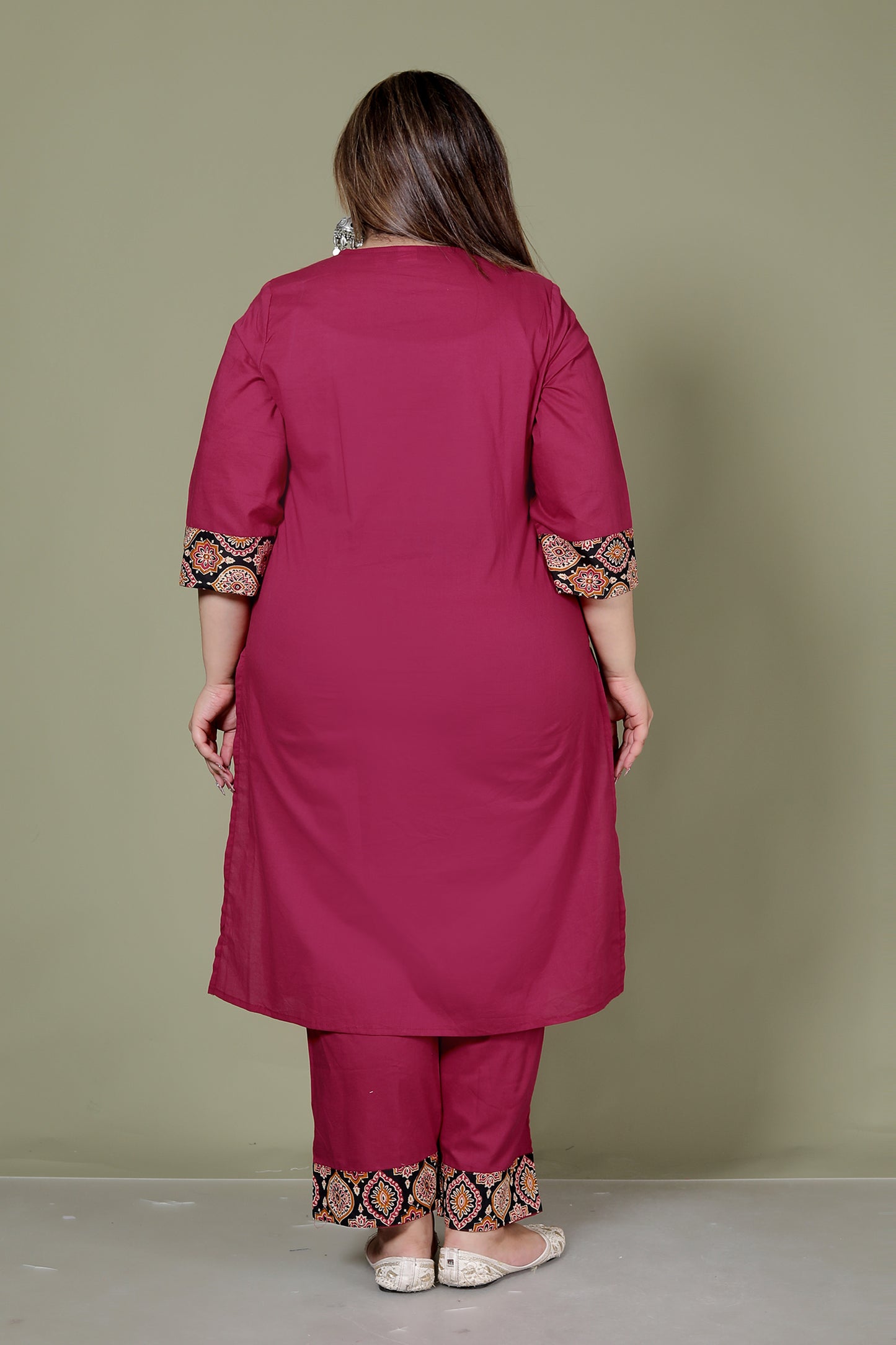 GEOMETRIC FLORAL SOLID COTTON 3 PEICE KURTI PANT SET IN WINEPINK BY PLUSSIZEKURTI