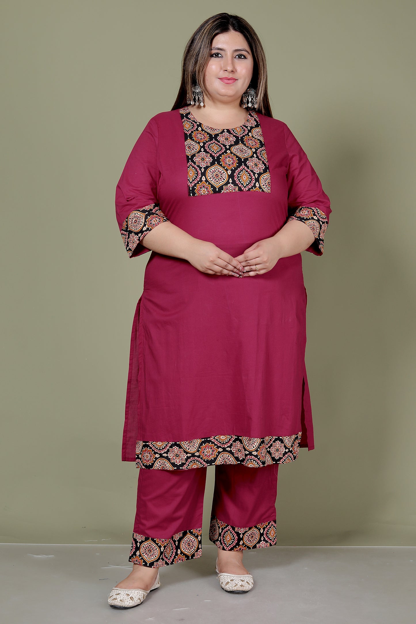 GEOMETRIC FLORAL SOLID COTTON 3 PEICE KURTI PANT SET IN WINEPINK BY PLUSSIZEKURTI
