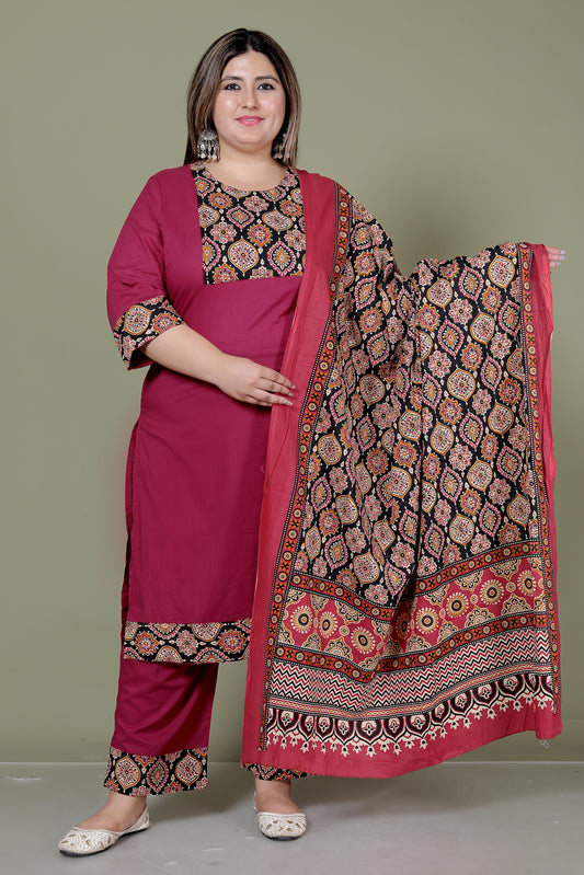 GEOMETRIC FLORAL SOLID COTTON 3 PEICE KURTI PANT SET IN WINEPINK BY PLUSSIZEKURTI