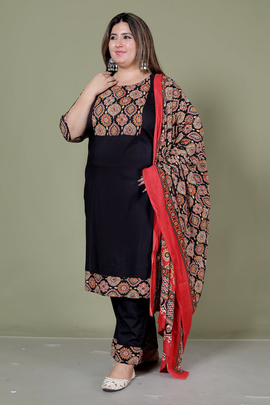 GEOMETRIC FLORAL SOLID COTTON 3 PEICE KURTI PANT SET IN BLACK BY PLUSSIZEKURTI