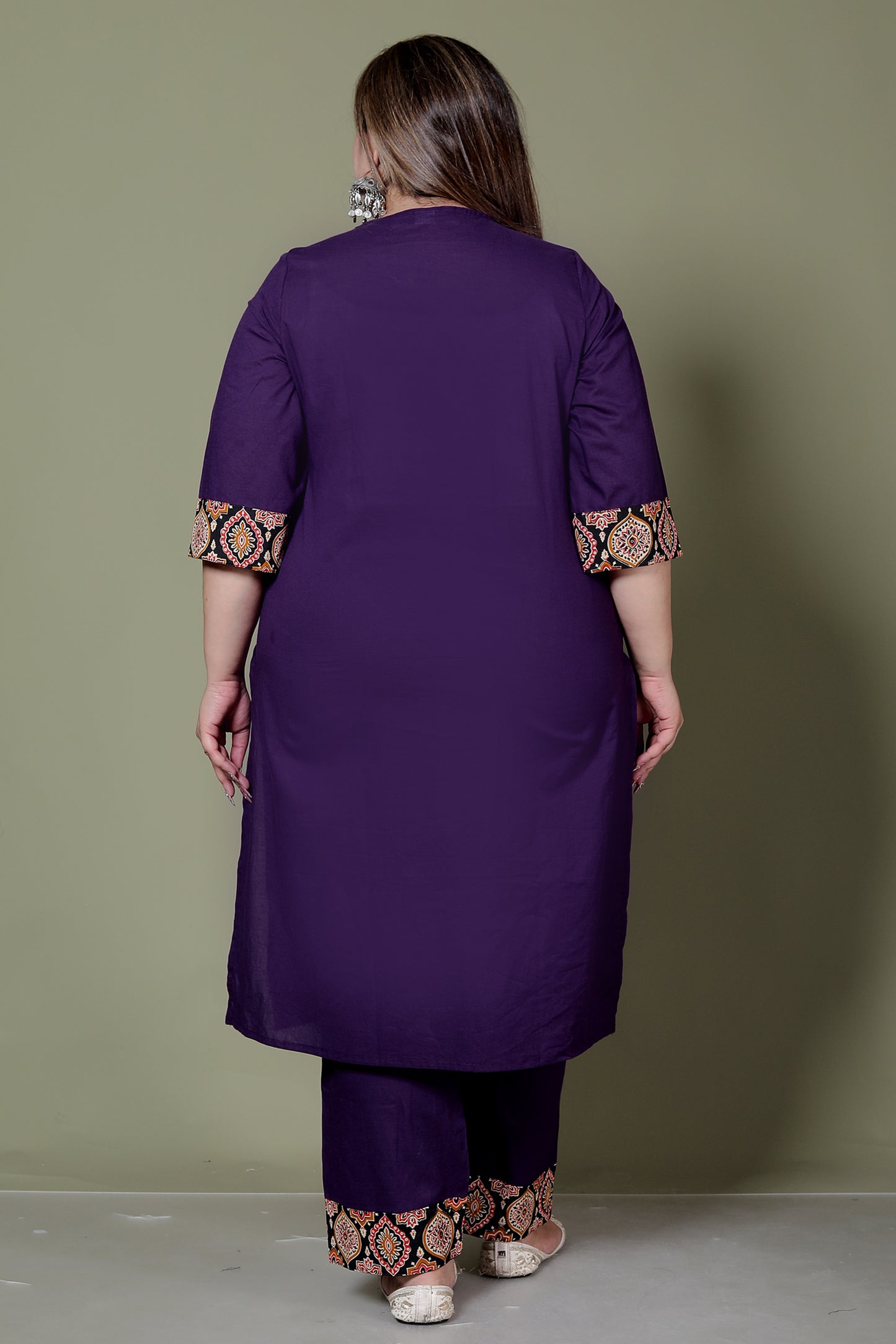 GEOMETRIC FLORAL SOLID COTTON 3 PEICE KURTI PANT SET IN PURPLE BY PLUSSIZEKURTI