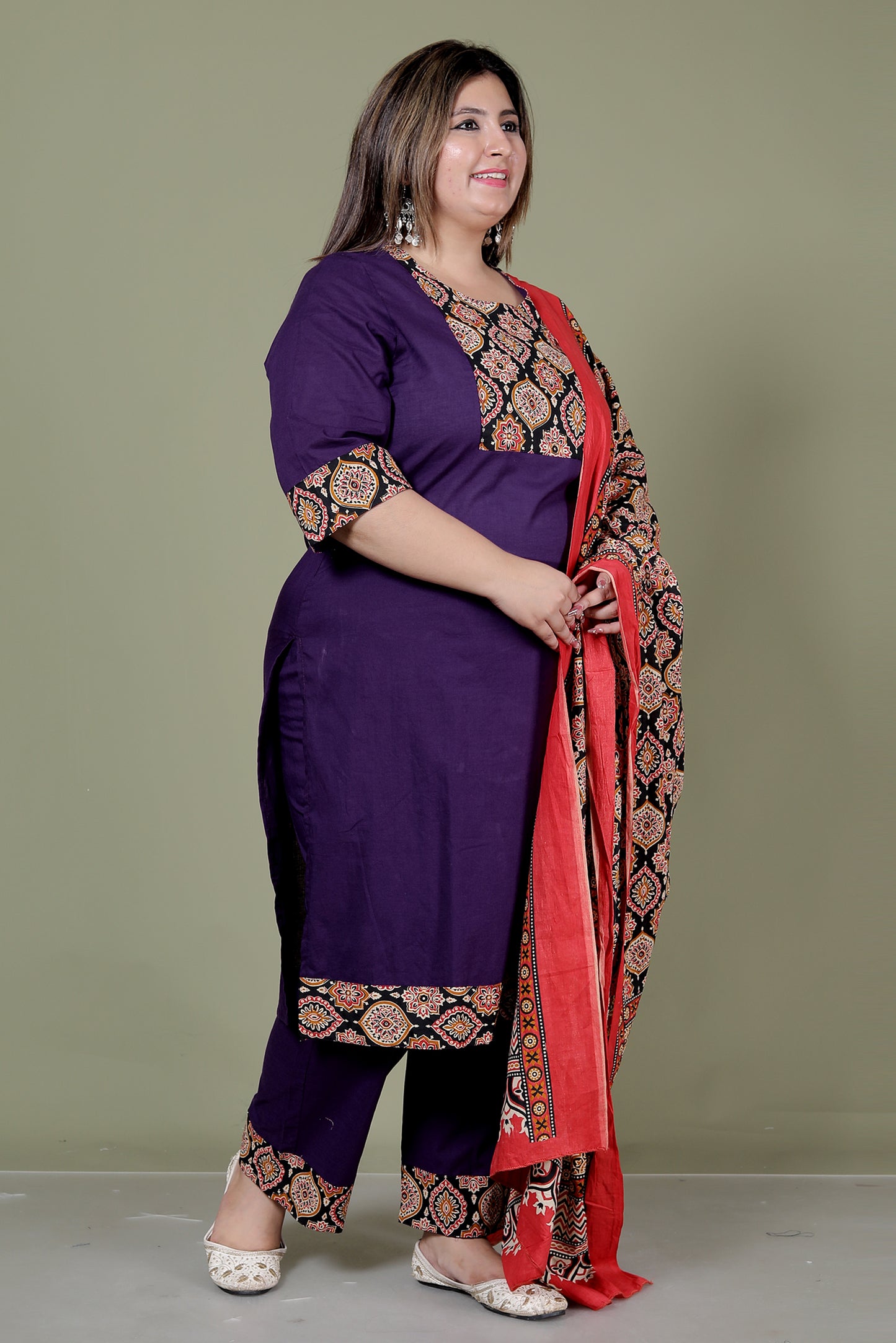 GEOMETRIC FLORAL SOLID COTTON 3 PEICE KURTI PANT SET IN PURPLE BY PLUSSIZEKURTI