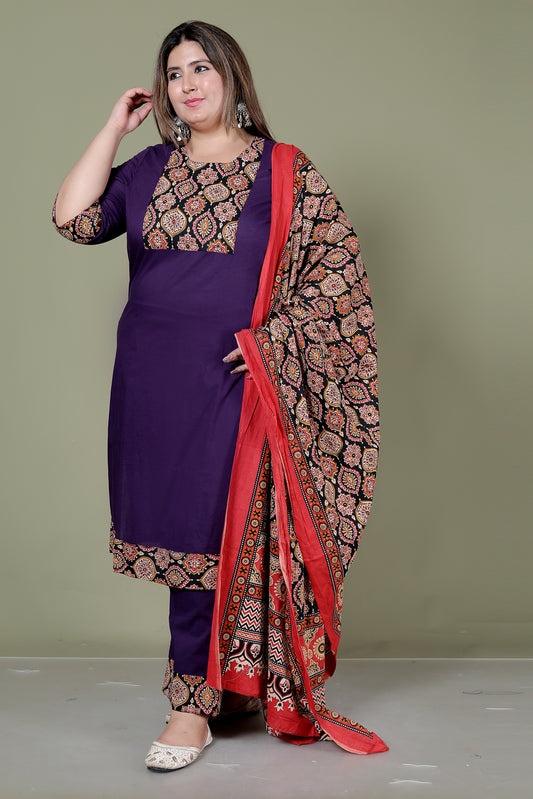 GEOMETRIC FLORAL SOLID COTTON 3 PEICE KURTI PANT SET IN PURPLE BY PLUSSIZEKURTI