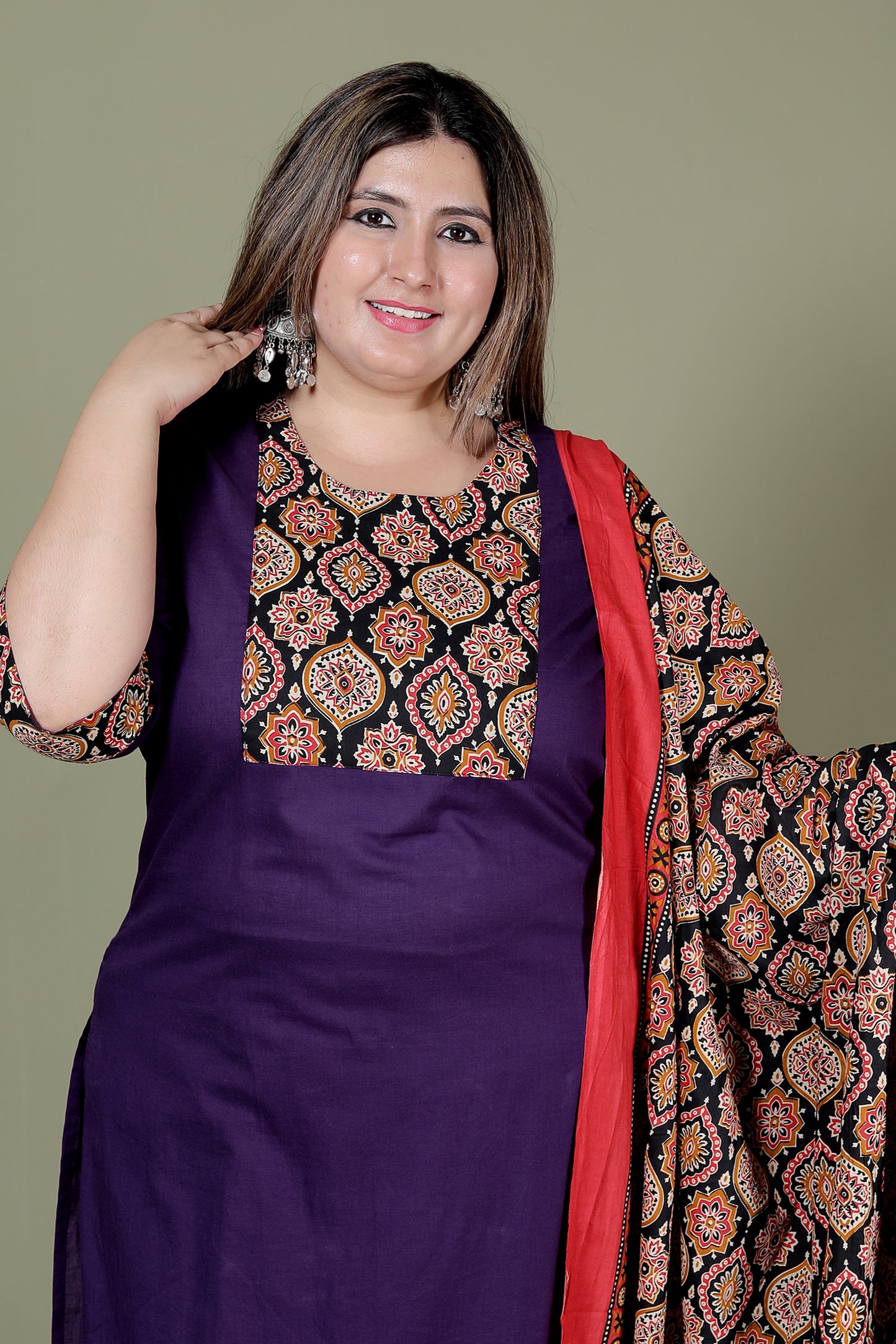 GEOMETRIC FLORAL SOLID COTTON 3 PEICE KURTI PANT SET IN PURPLE BY PLUSSIZEKURTI